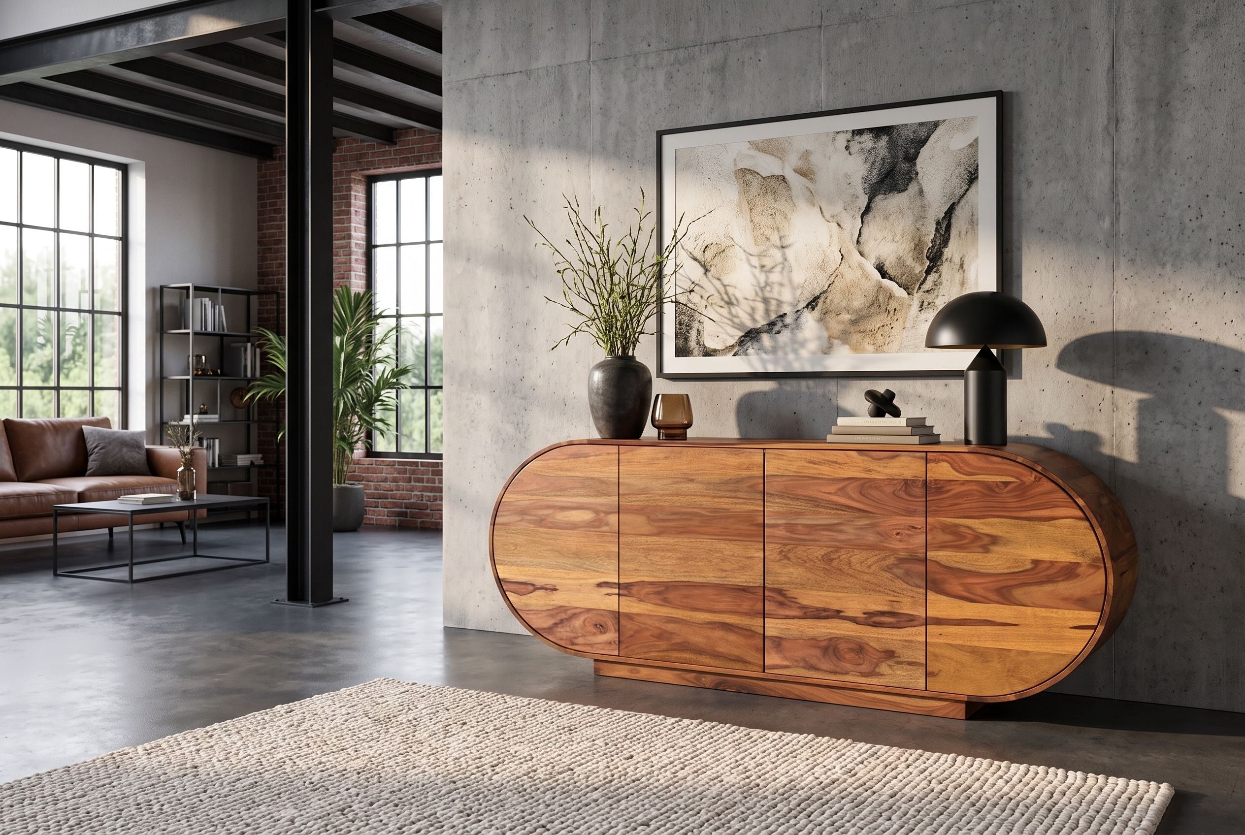 Buffet massif ORGANIKO 180cm bois de sesham marron finition pierre ovale