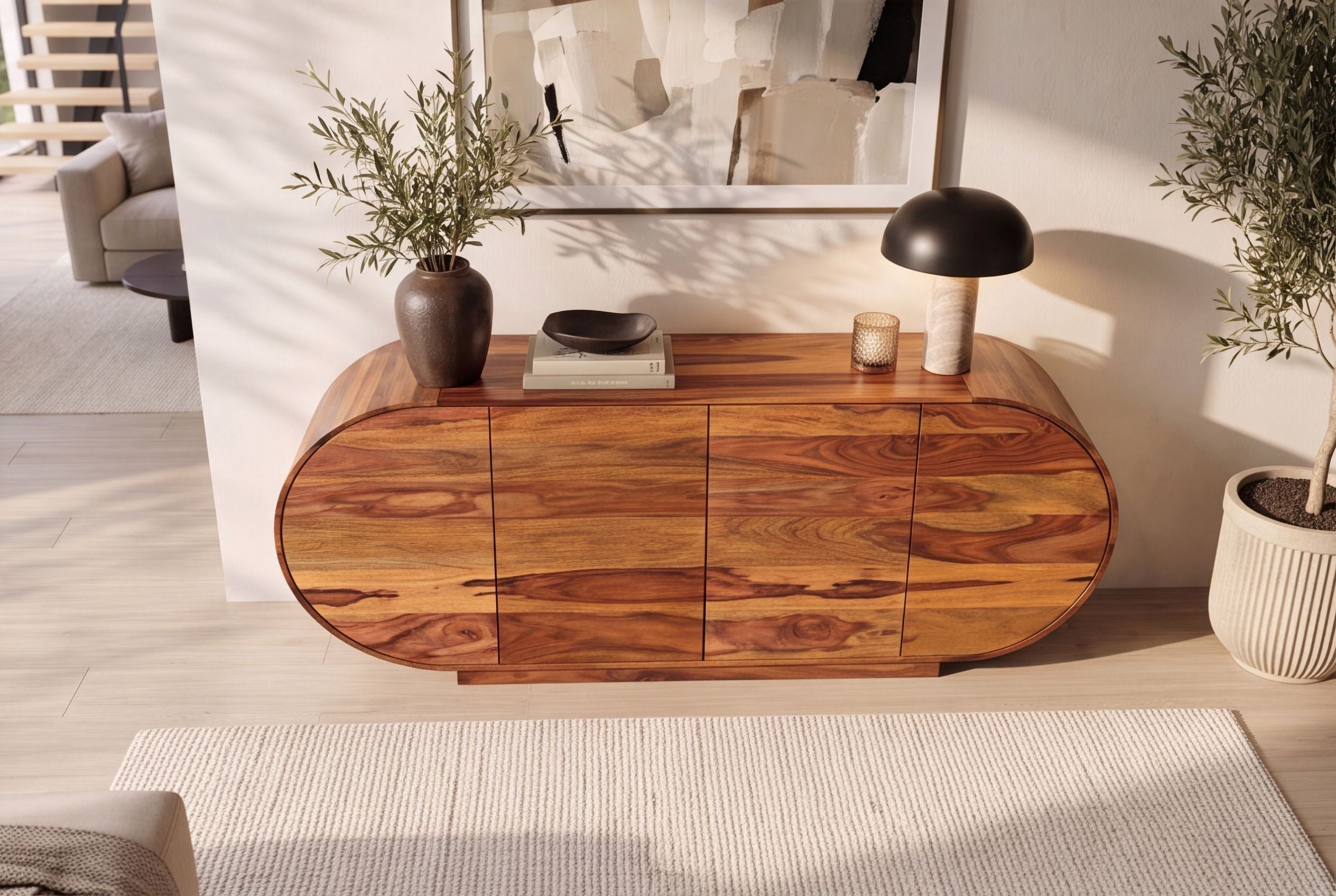 Buffet massif ORGANIKO 180cm bois de sesham marron finition pierre ovale