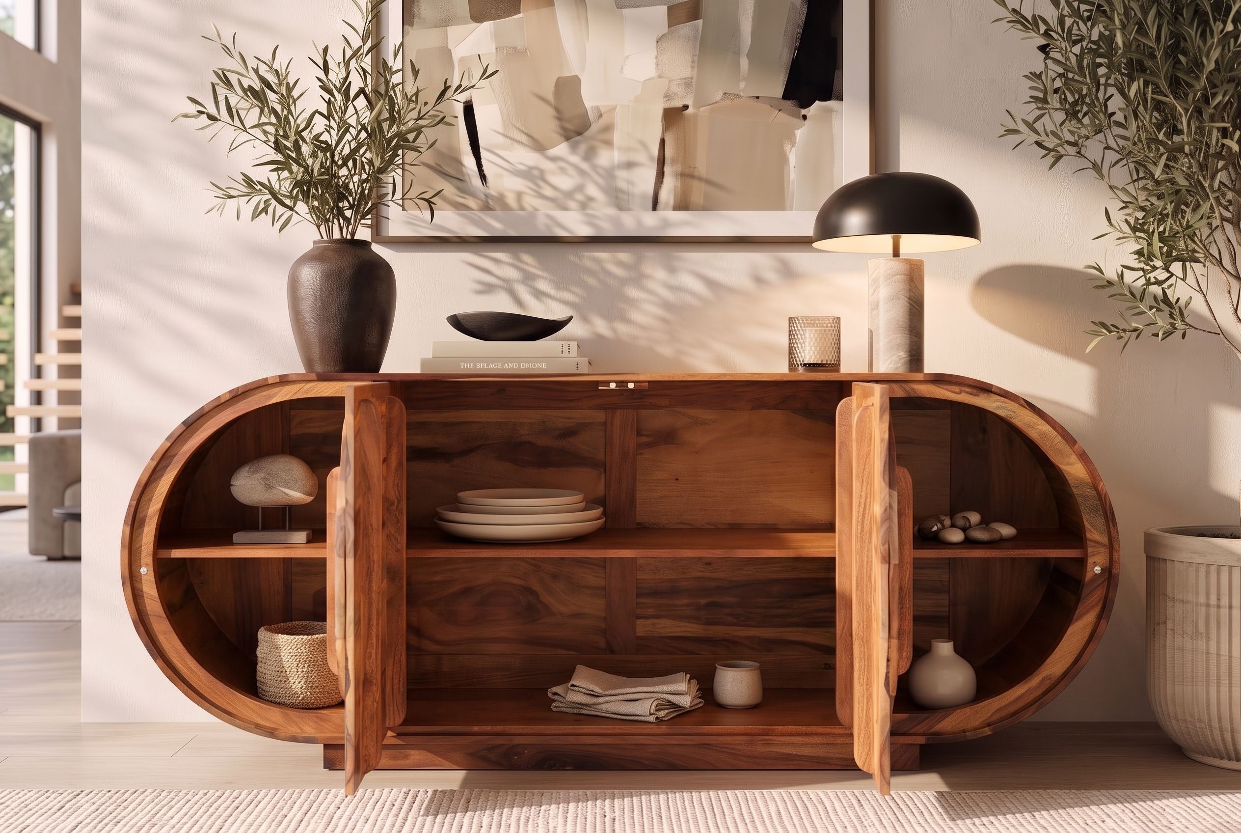 Buffet massif ORGANIKO 180cm bois de sesham marron finition pierre ovale