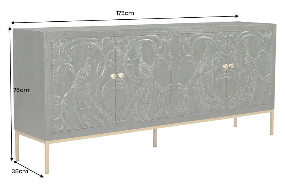 Buffet massif PEACOCK 175cm en bois de manguier vert antique sculpture 3D design paon