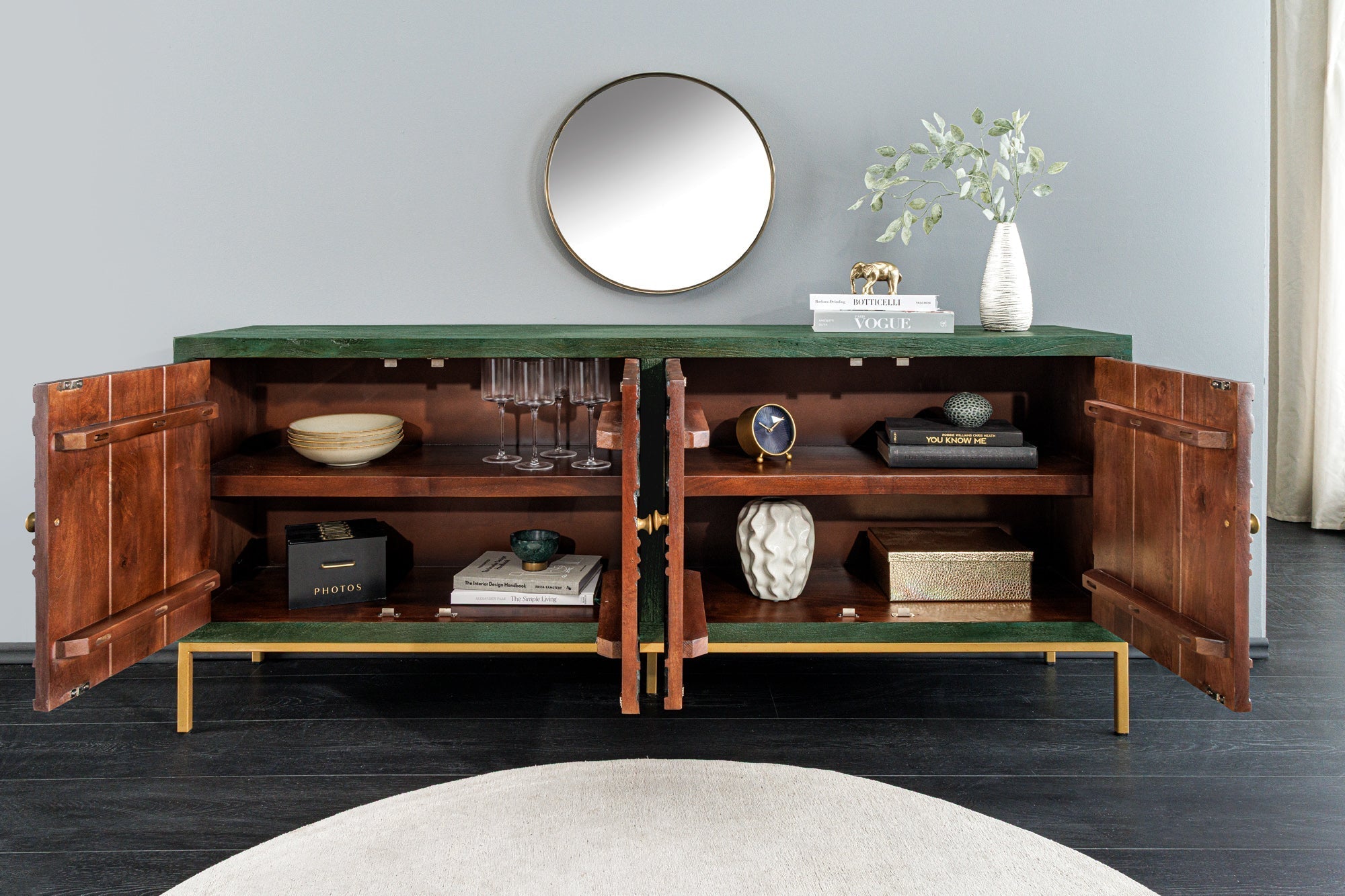 Buffet massif PEACOCK 175cm en bois de manguier vert antique sculpture 3D design paon