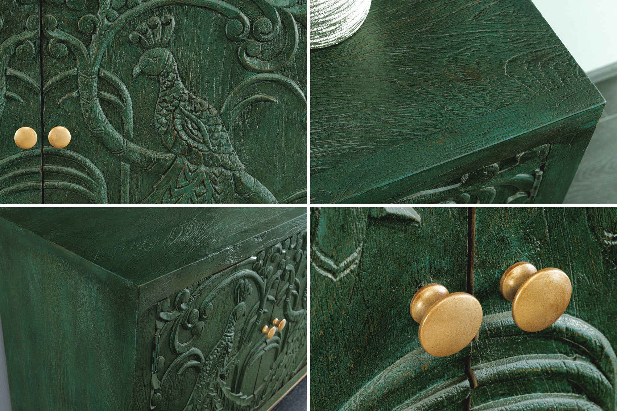 Buffet massif PEACOCK 175cm en bois de manguier vert antique sculpture 3D design paon