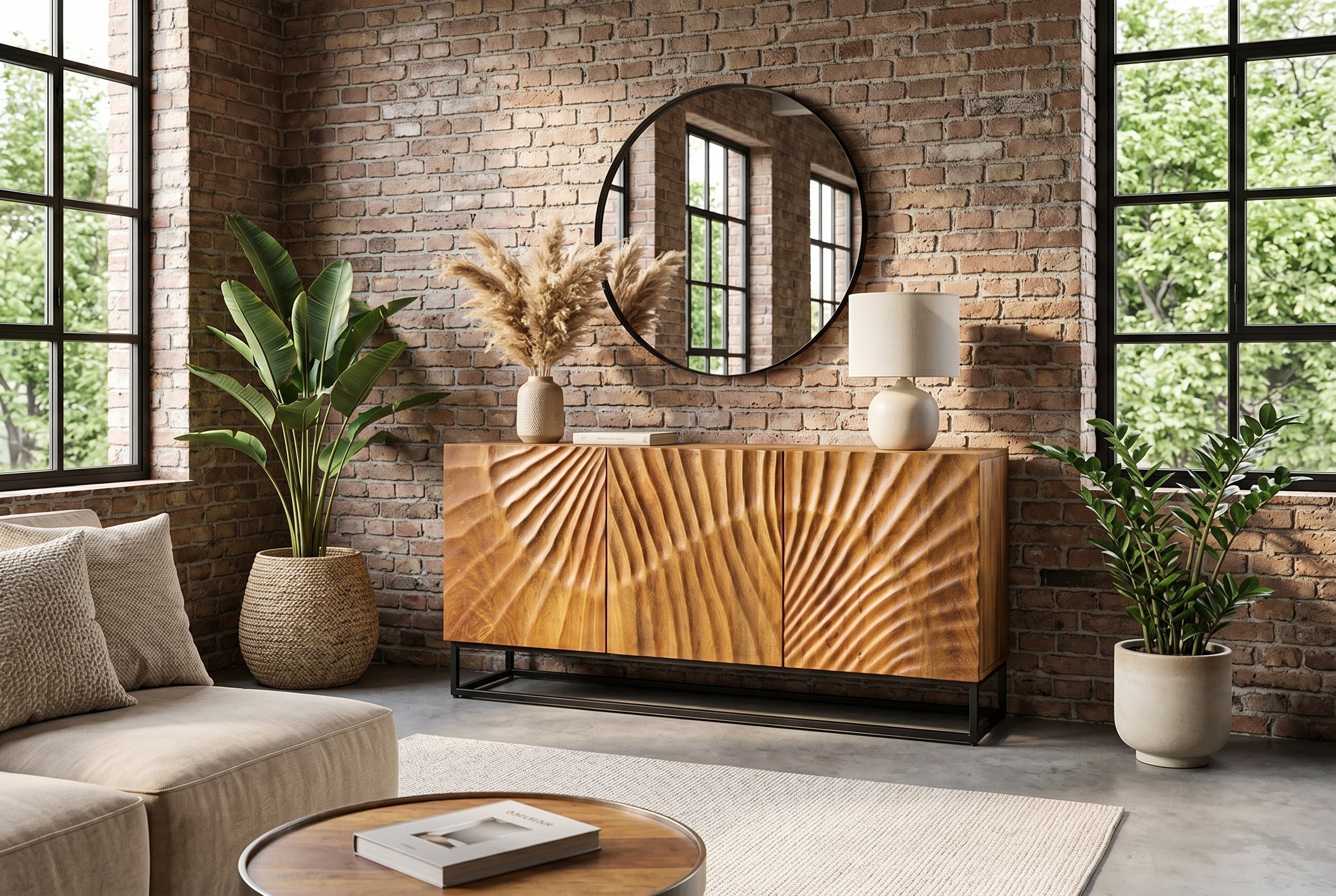 Buffet massif SCORPION 140cm en bois de manguier marron avec sculptures 3D élaborées