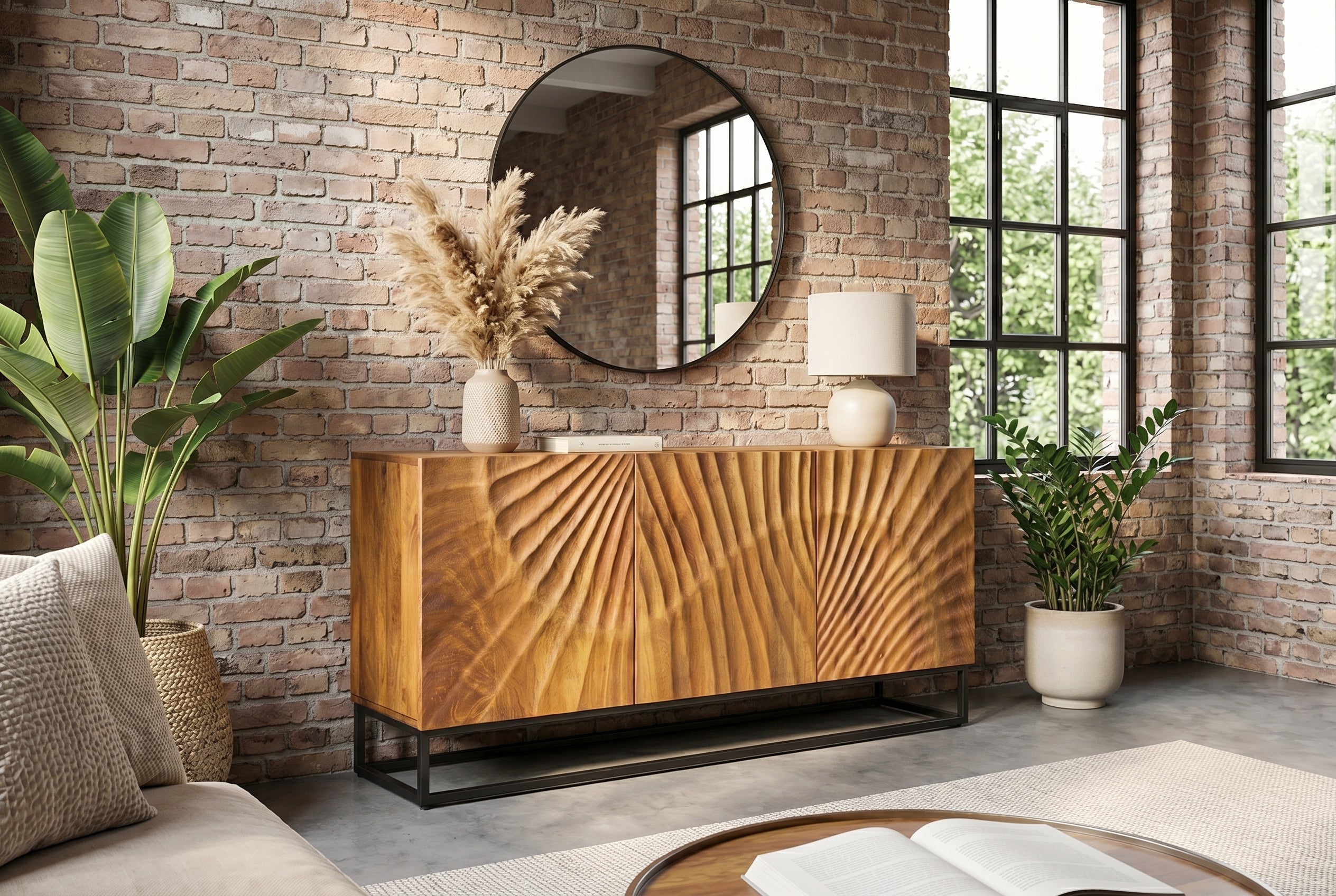 Buffet massif SCORPION 140cm en bois de manguier marron avec sculptures 3D élaborées