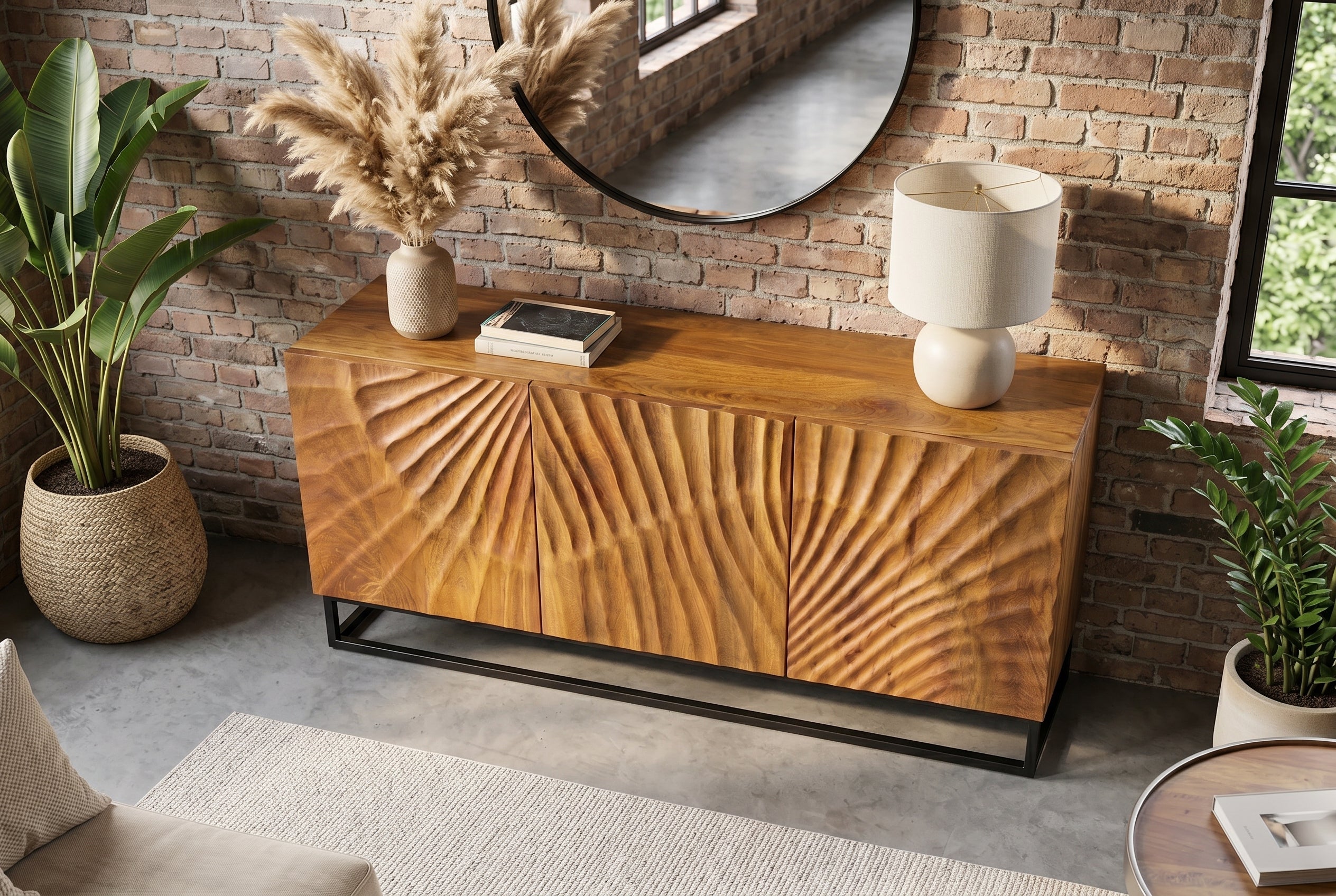 Buffet massif SCORPION 140cm en bois de manguier marron avec sculptures 3D élaborées