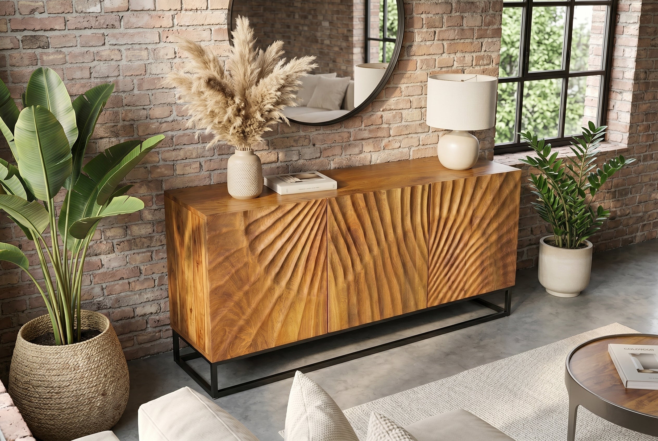 Buffet massif SCORPION 140cm en bois de manguier marron avec sculptures 3D élaborées