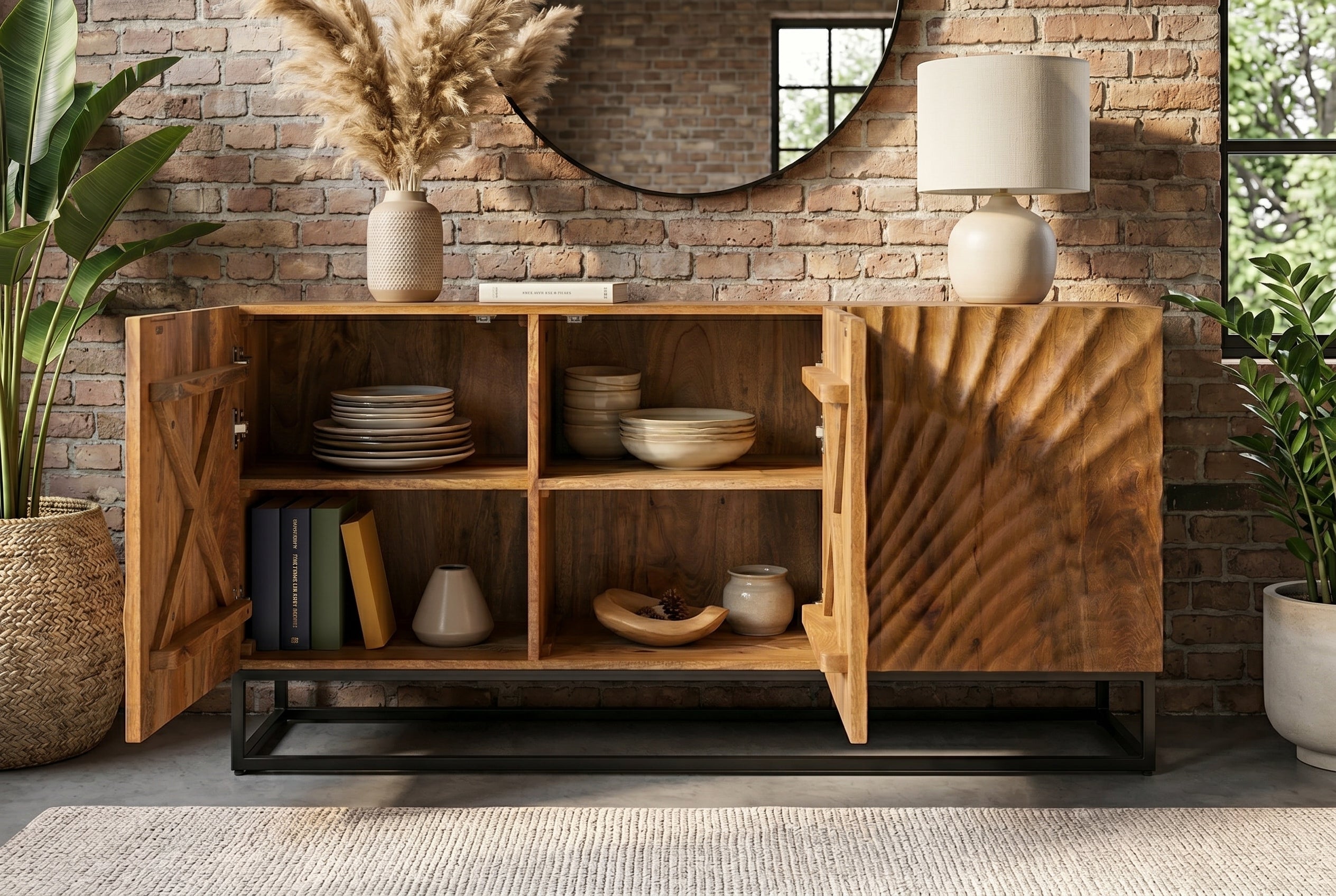 Buffet massif SCORPION 140cm en bois de manguier marron avec sculptures 3D élaborées