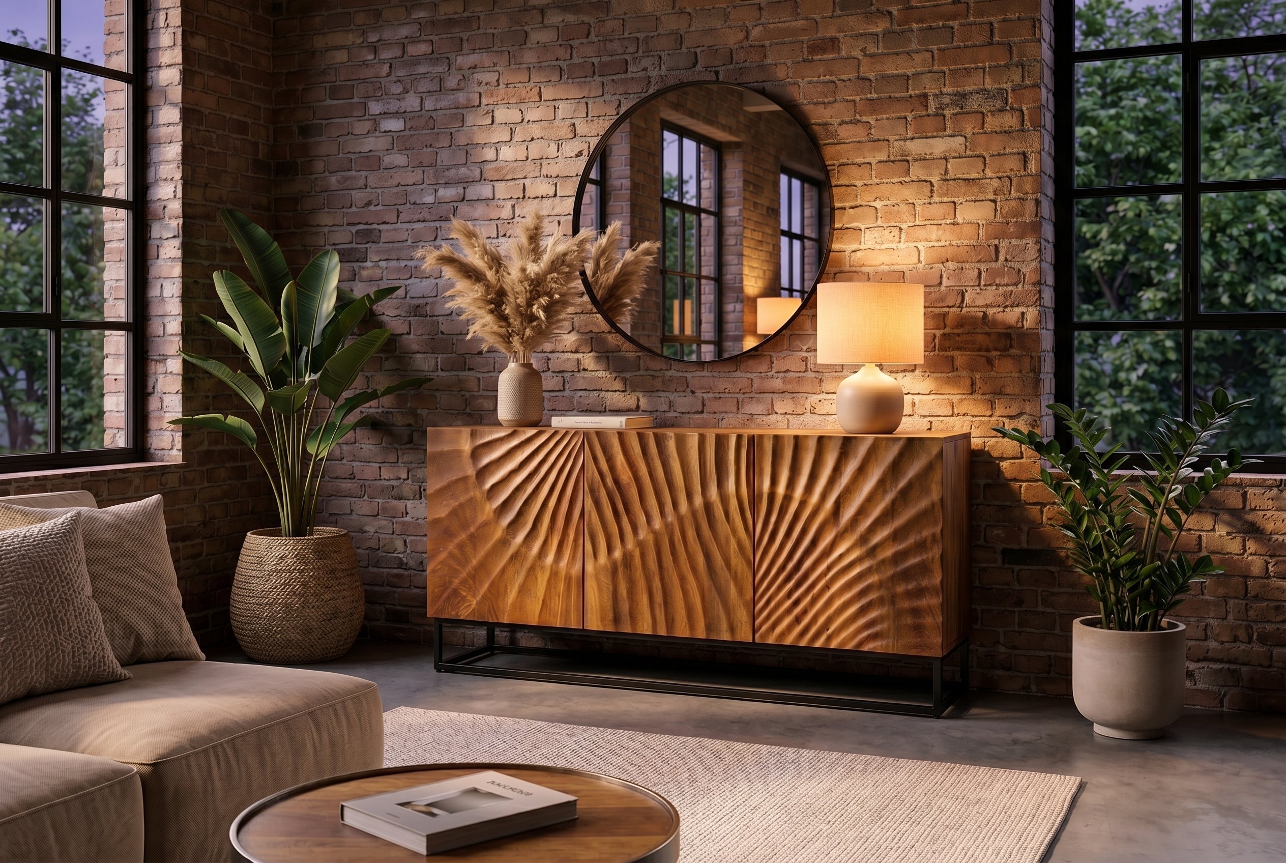Buffet massif SCORPION 140cm en bois de manguier marron avec sculptures 3D élaborées