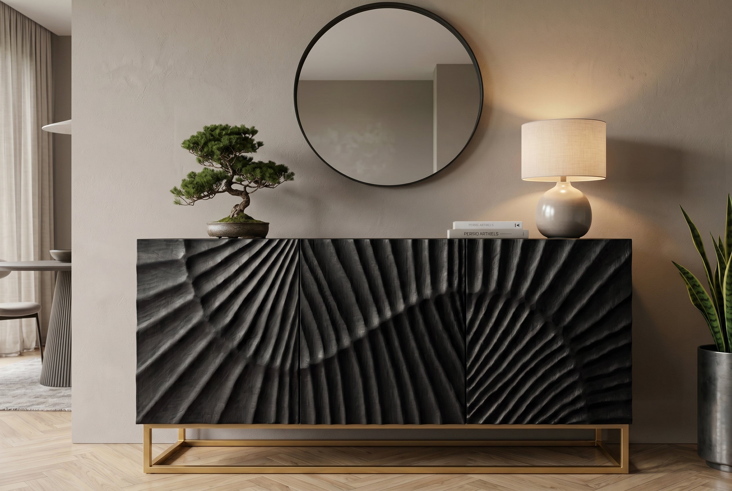Buffet massif SCORPION 140cm en bois de manguier noir avec sculptures 3D élaborées