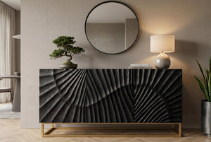 Buffet massif SCORPION 140cm en bois de manguier noir avec sculptures 3D élaborées