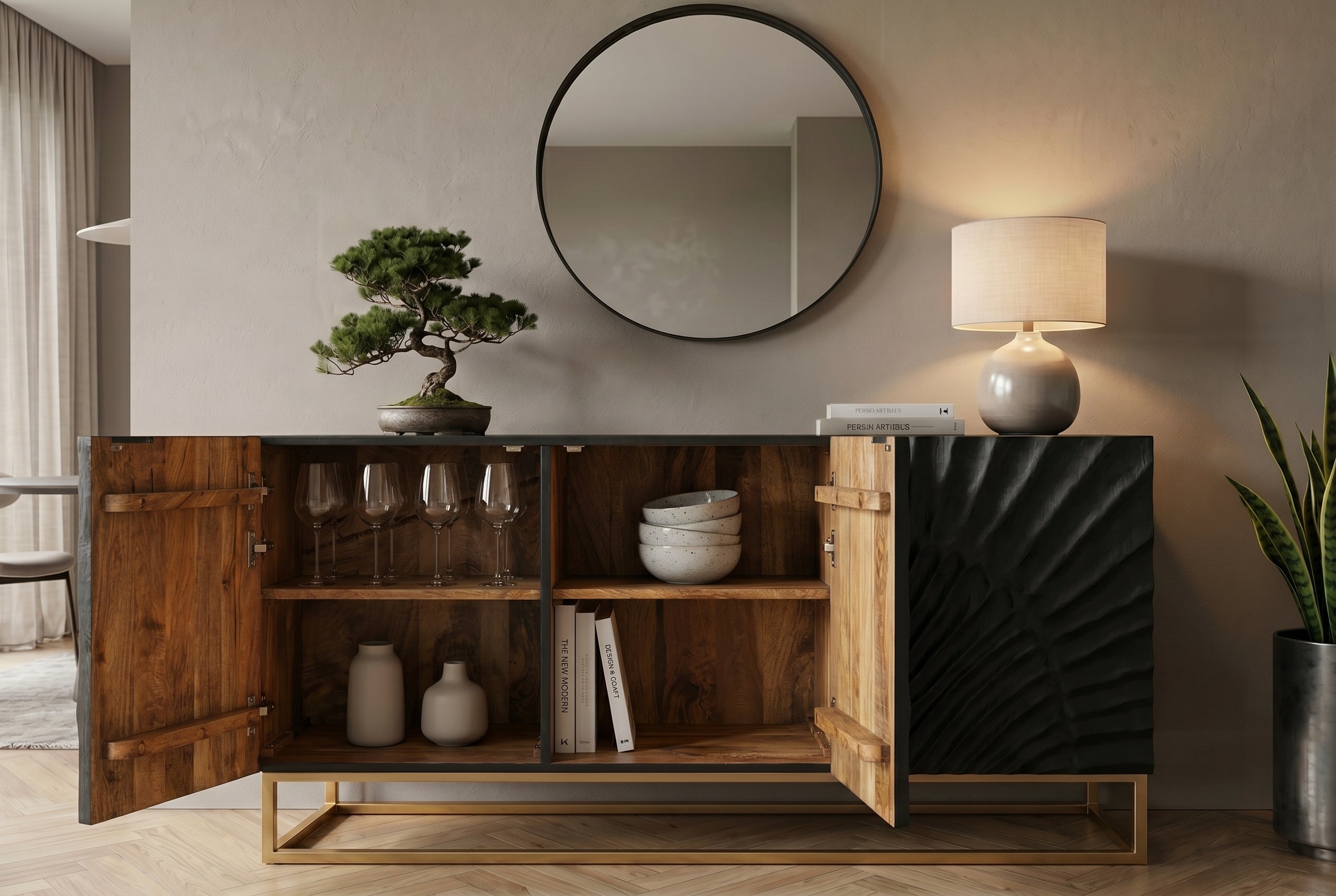 Buffet massif SCORPION 140cm en bois de manguier noir avec sculptures 3D élaborées