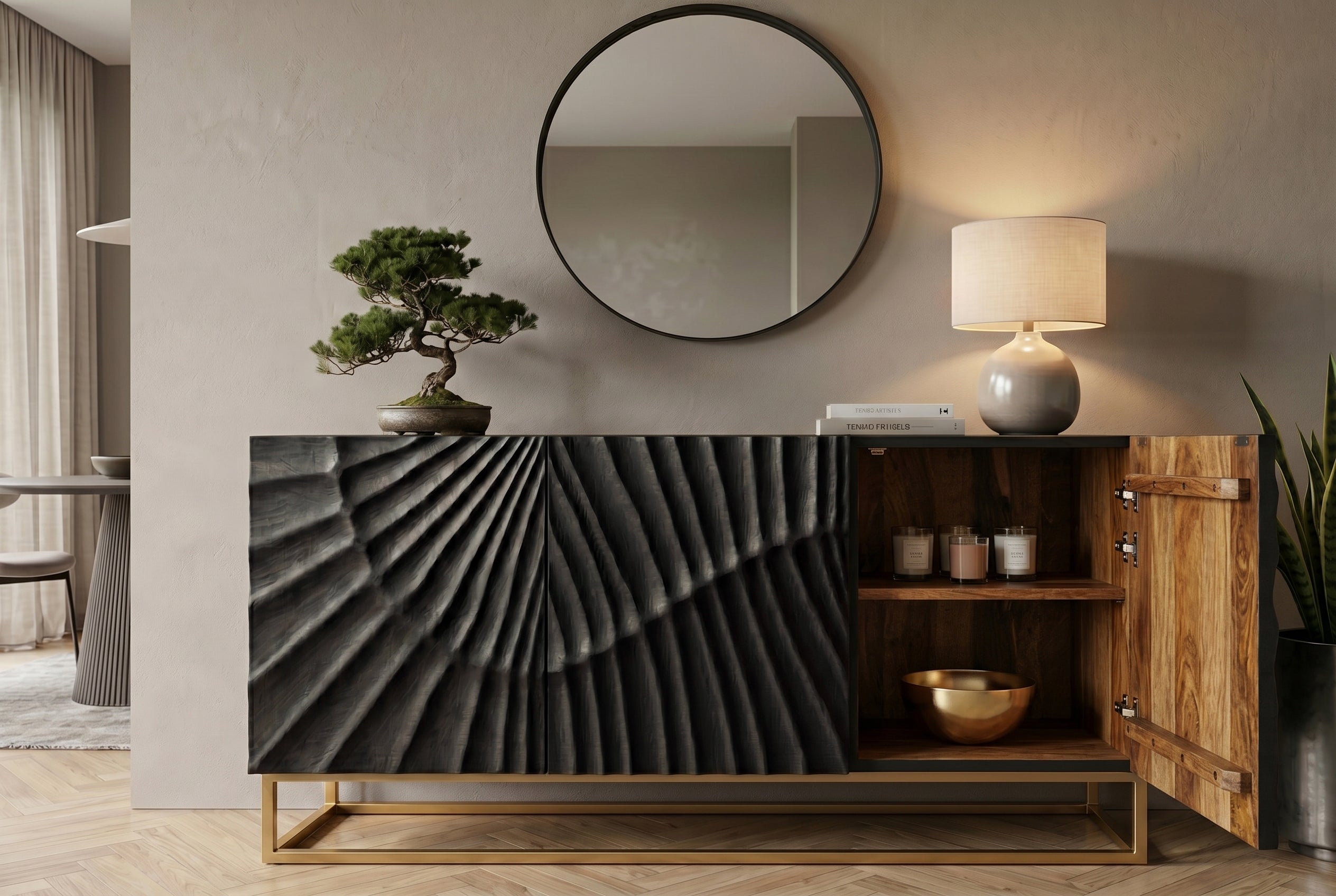 Buffet massif SCORPION 140cm en bois de manguier noir avec sculptures 3D élaborées