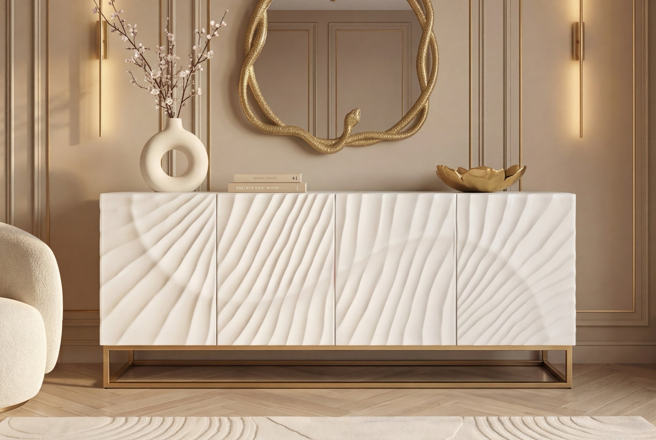 Buffet massif SCORPION 180cm bois de manguier blanc métal doré sculptures 3D