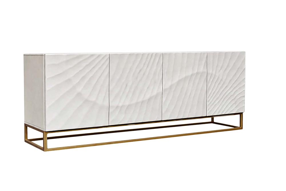 Buffet massif SCORPION 180cm bois de manguier blanc métal doré sculptures 3D