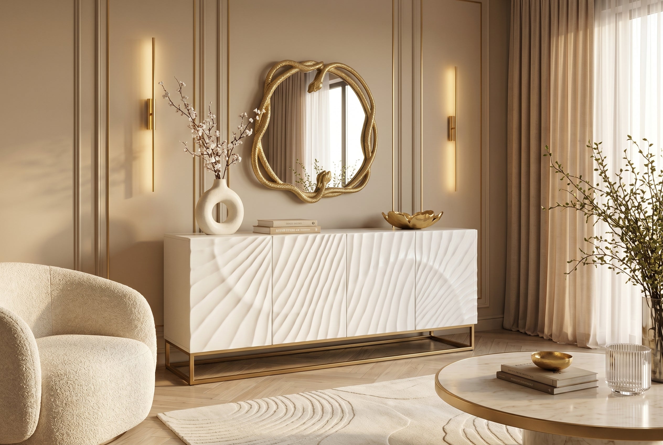 Buffet massif SCORPION 180cm bois de manguier blanc métal doré sculptures 3D