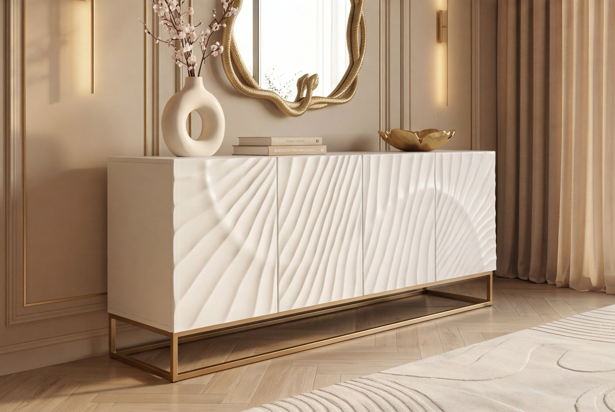 Buffet massif SCORPION 180cm bois de manguier blanc métal doré sculptures 3D