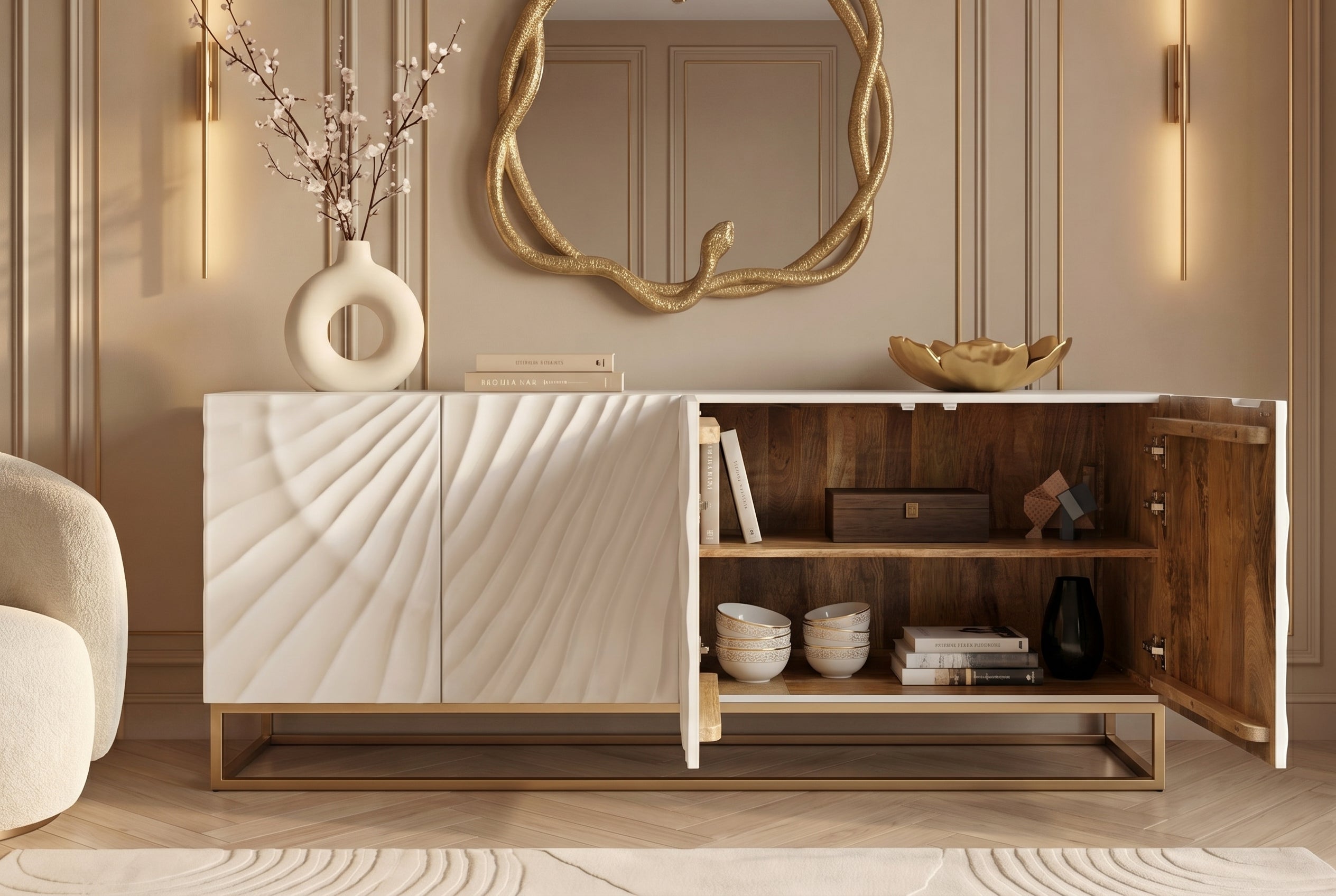 Buffet massif SCORPION 180cm bois de manguier blanc métal doré sculptures 3D