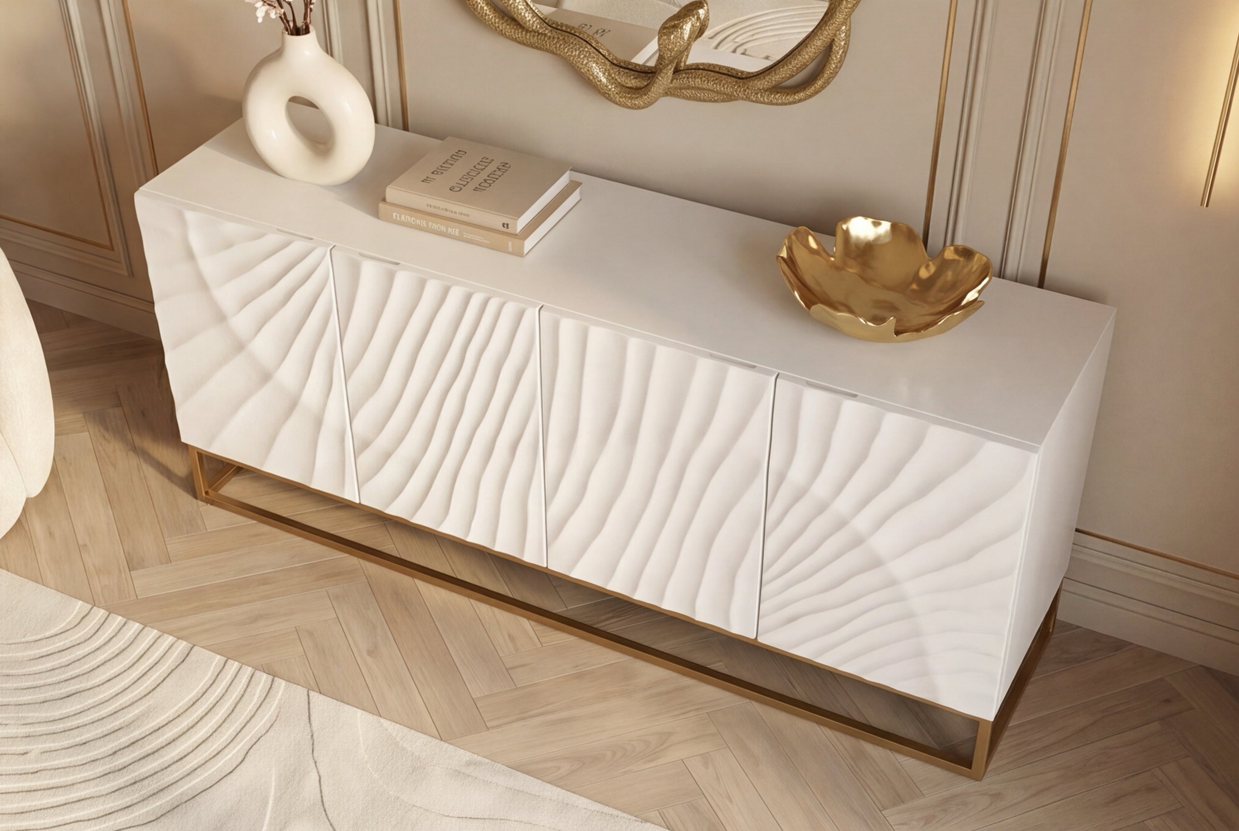 Buffet massif SCORPION 180cm bois de manguier blanc métal doré sculptures 3D