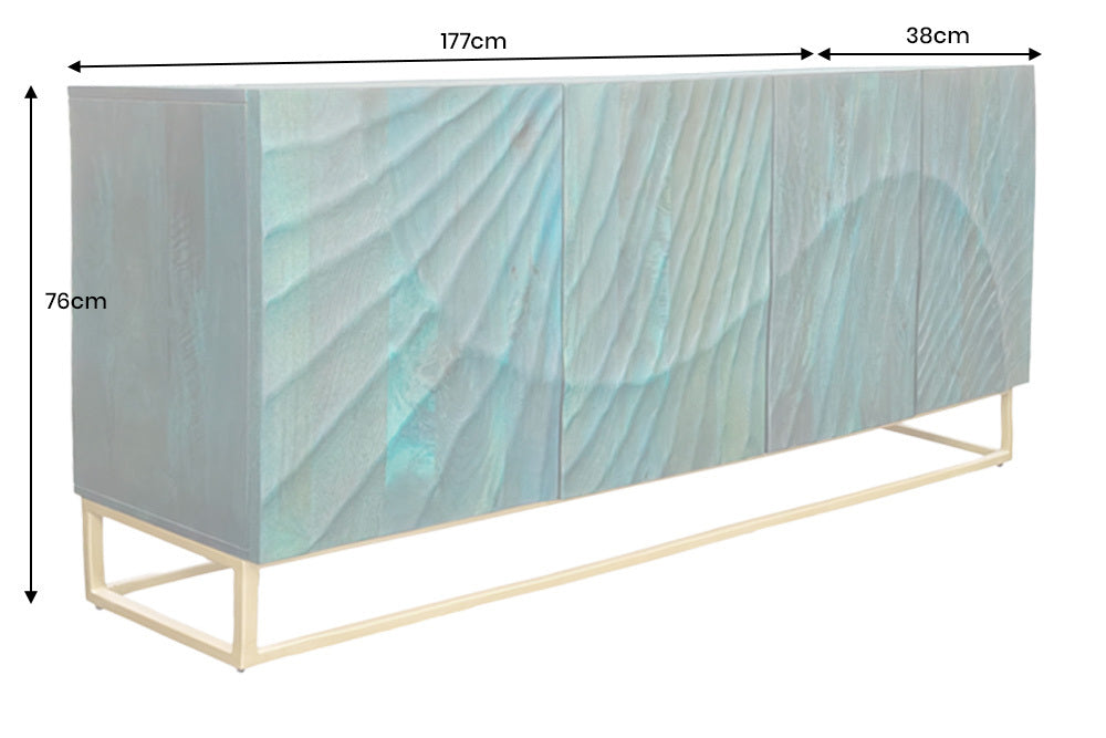 Buffet massif SCORPION 180cm bois de manguier turquoise métal doré sculptures 3D