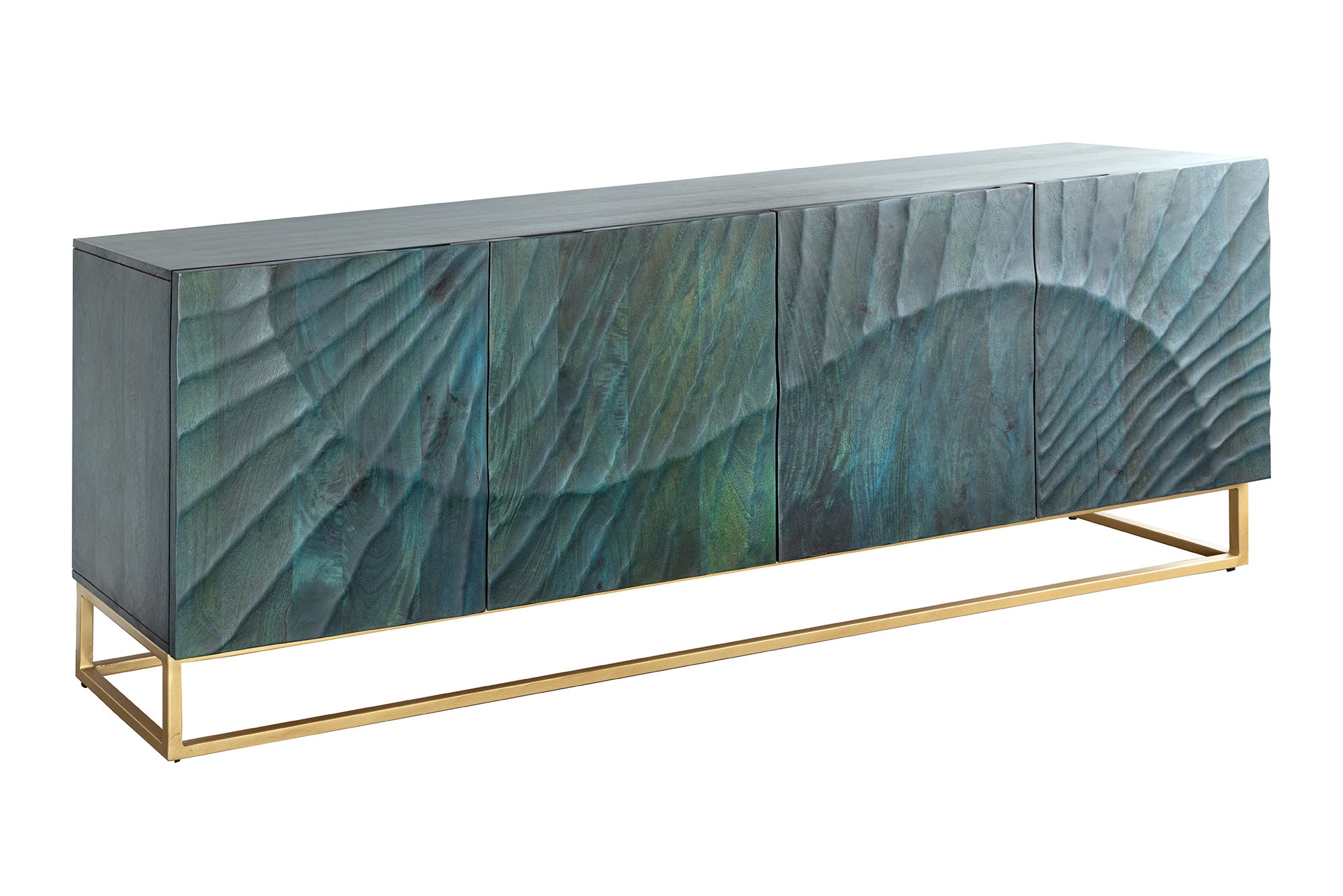 Buffet massif SCORPION 180cm bois de manguier turquoise métal doré sculptures 3D