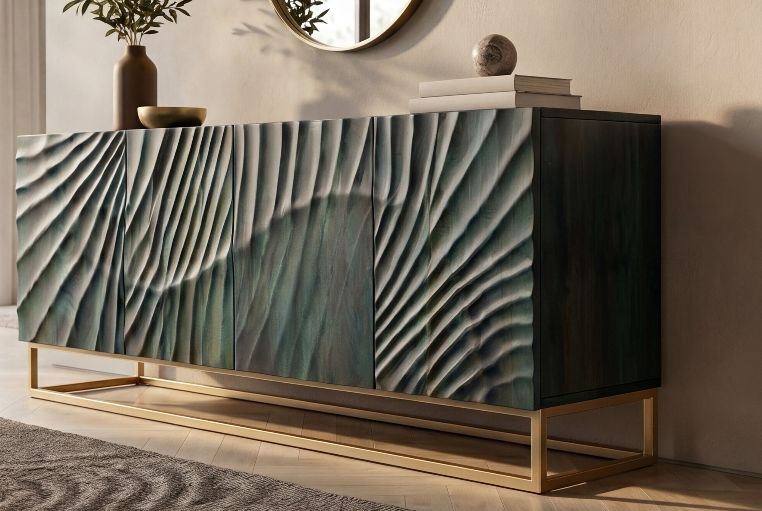 Buffet massif SCORPION 180cm bois de manguier turquoise métal doré sculptures 3D