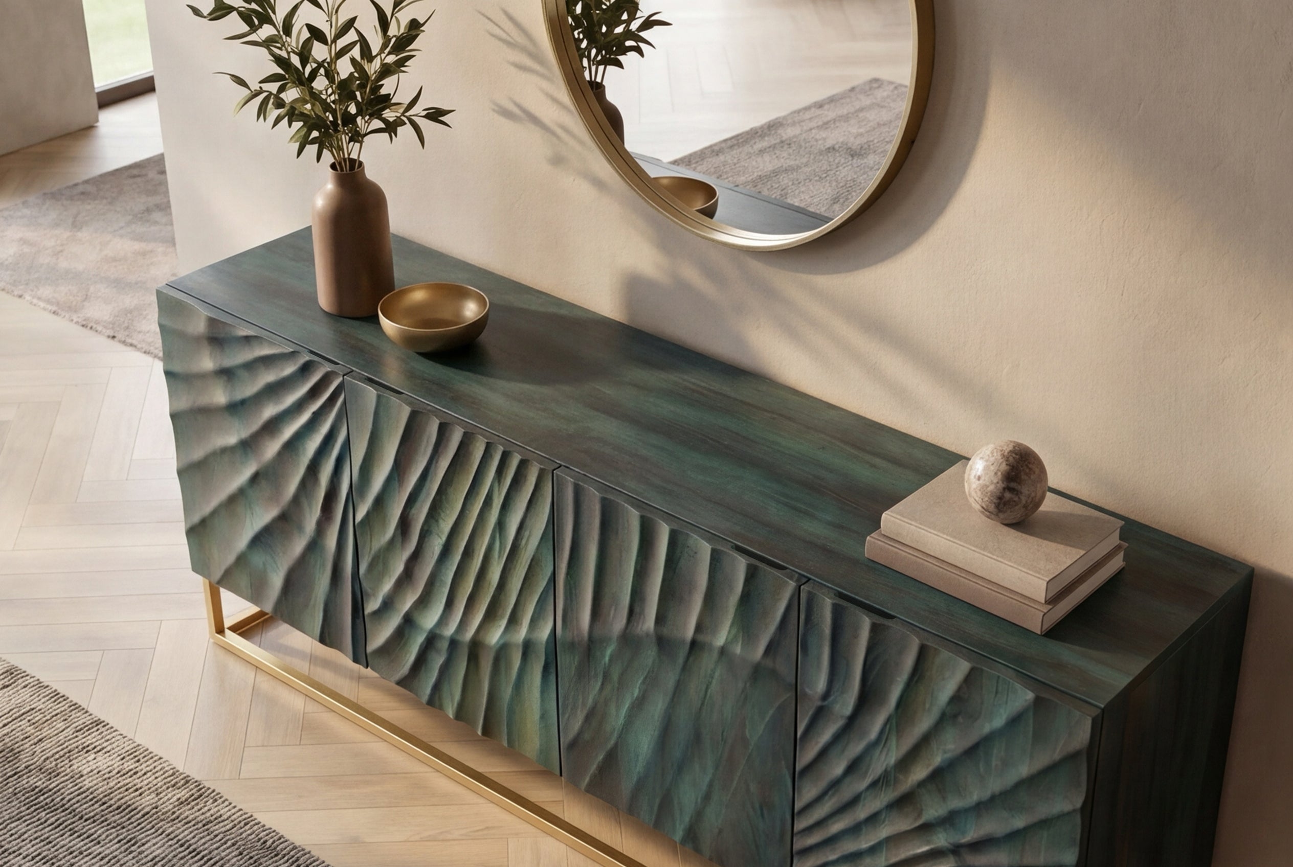 Buffet massif SCORPION 180cm bois de manguier turquoise métal doré sculptures 3D