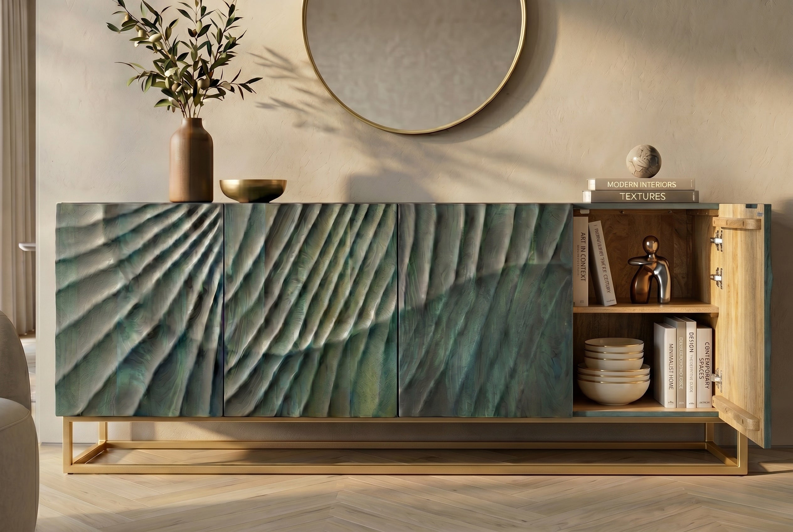 Buffet massif SCORPION 180cm bois de manguier turquoise métal doré sculptures 3D