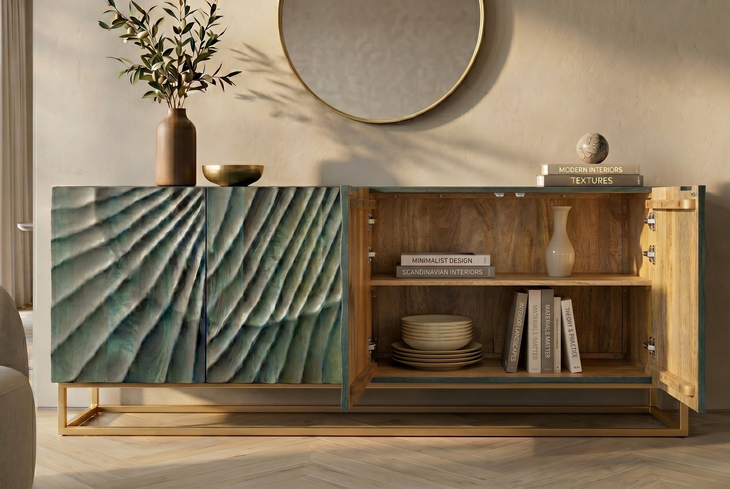 Buffet massif SCORPION 180cm bois de manguier turquoise métal doré sculptures 3D