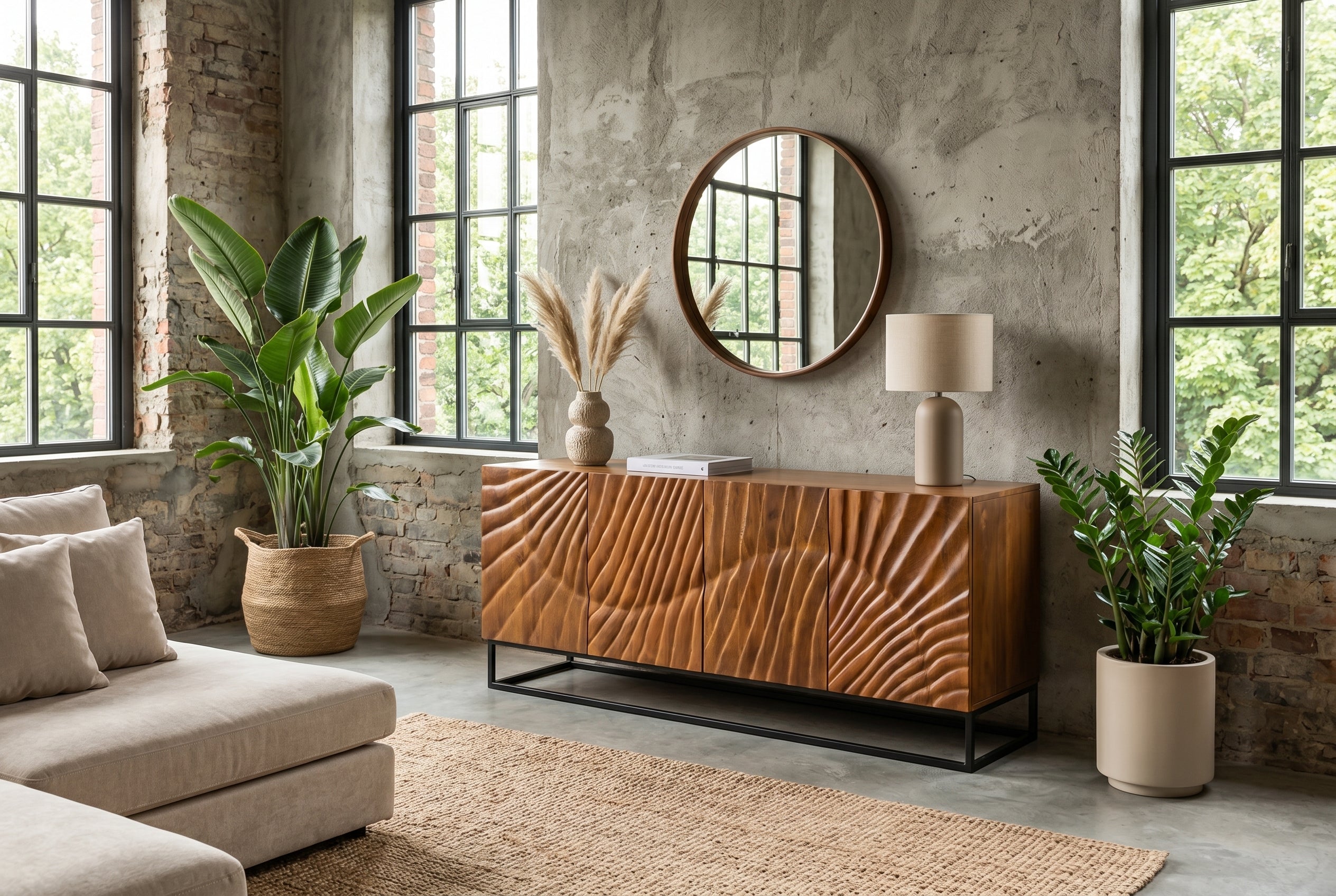 Buffet massif SCORPION 180cm en bois de manguier marron avec sculptures 3D élaborées