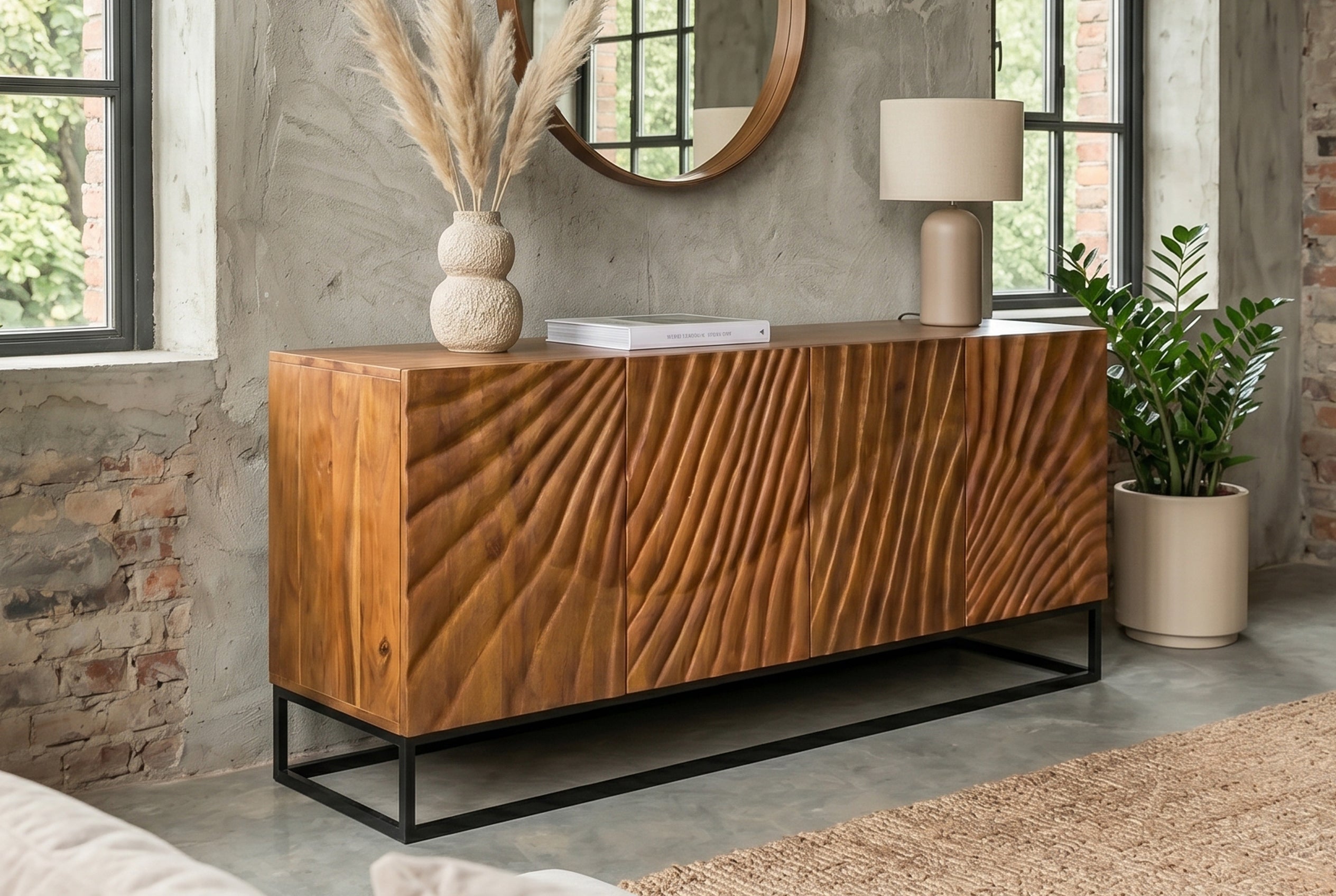 Buffet massif SCORPION 180cm en bois de manguier marron avec sculptures 3D élaborées