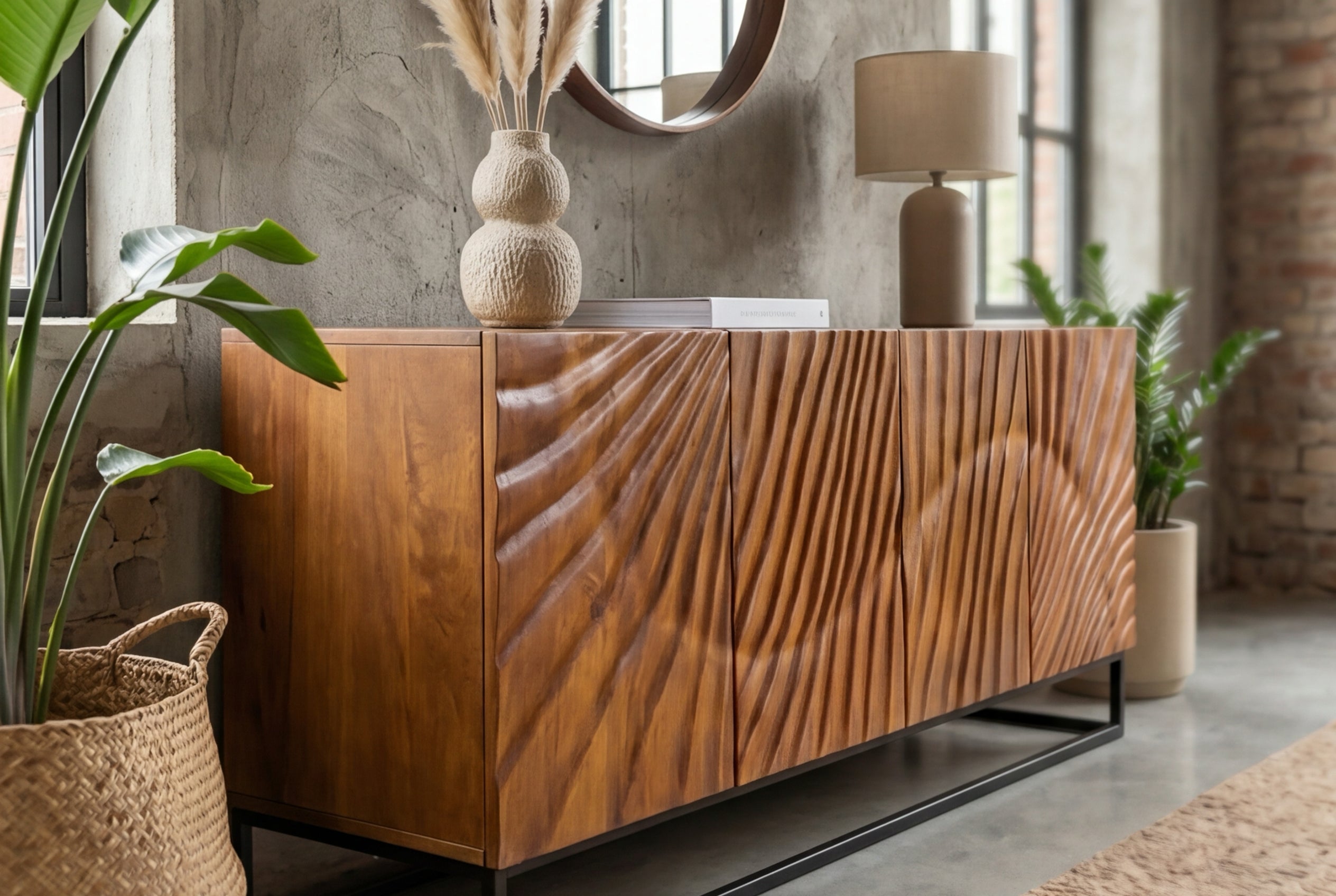 Buffet massif SCORPION 180cm en bois de manguier marron avec sculptures 3D élaborées