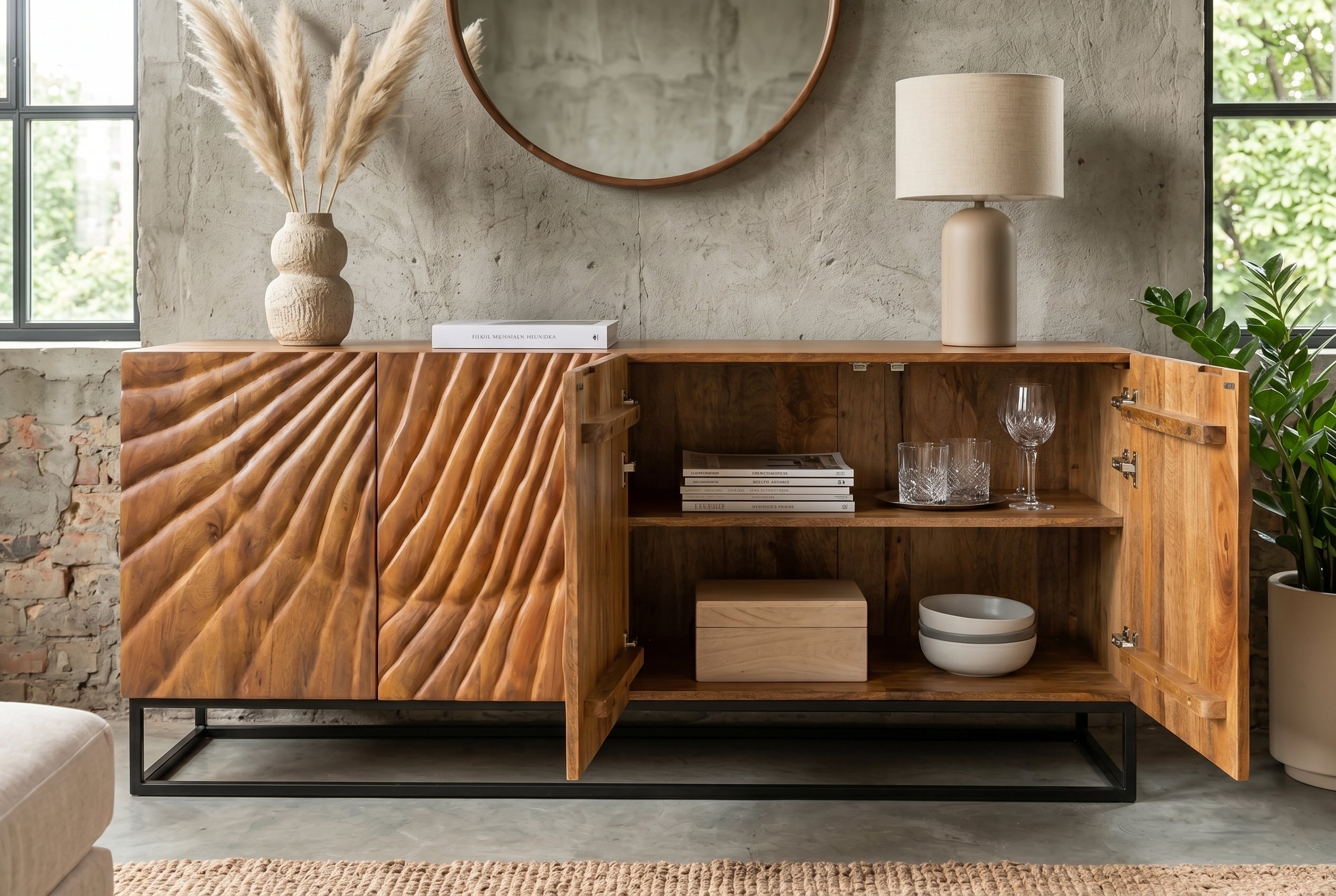 Buffet massif SCORPION 180cm en bois de manguier marron avec sculptures 3D élaborées