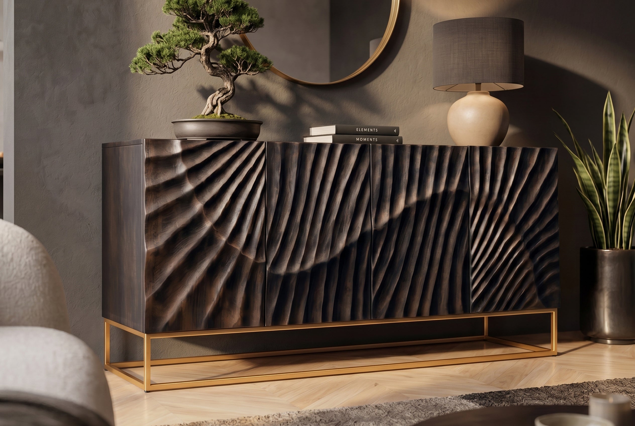 Buffet massif SCORPION 180cm en bois de manguier noir avec sculptures 3D élaborées
