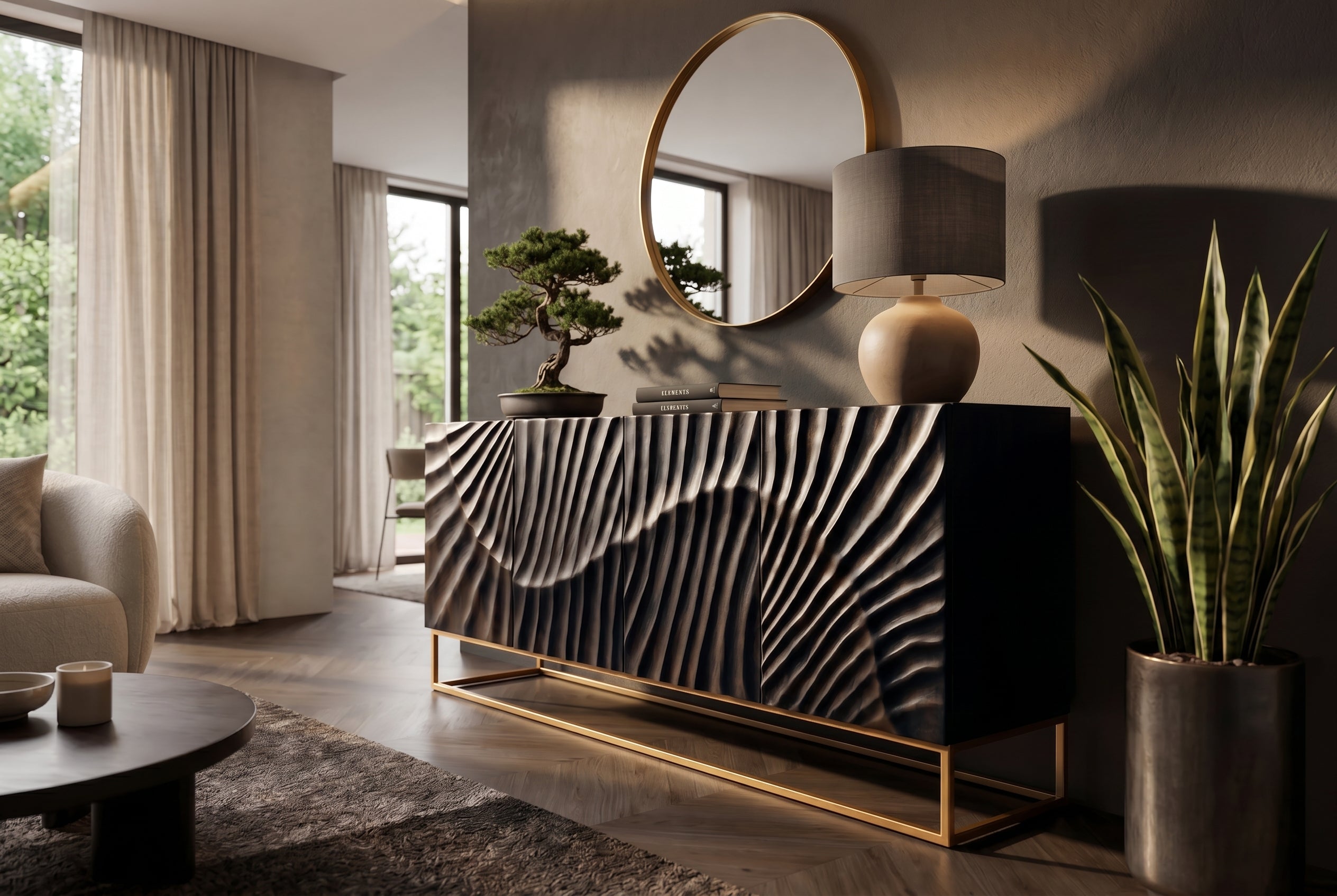 Buffet massif SCORPION 180cm en bois de manguier noir avec sculptures 3D élaborées