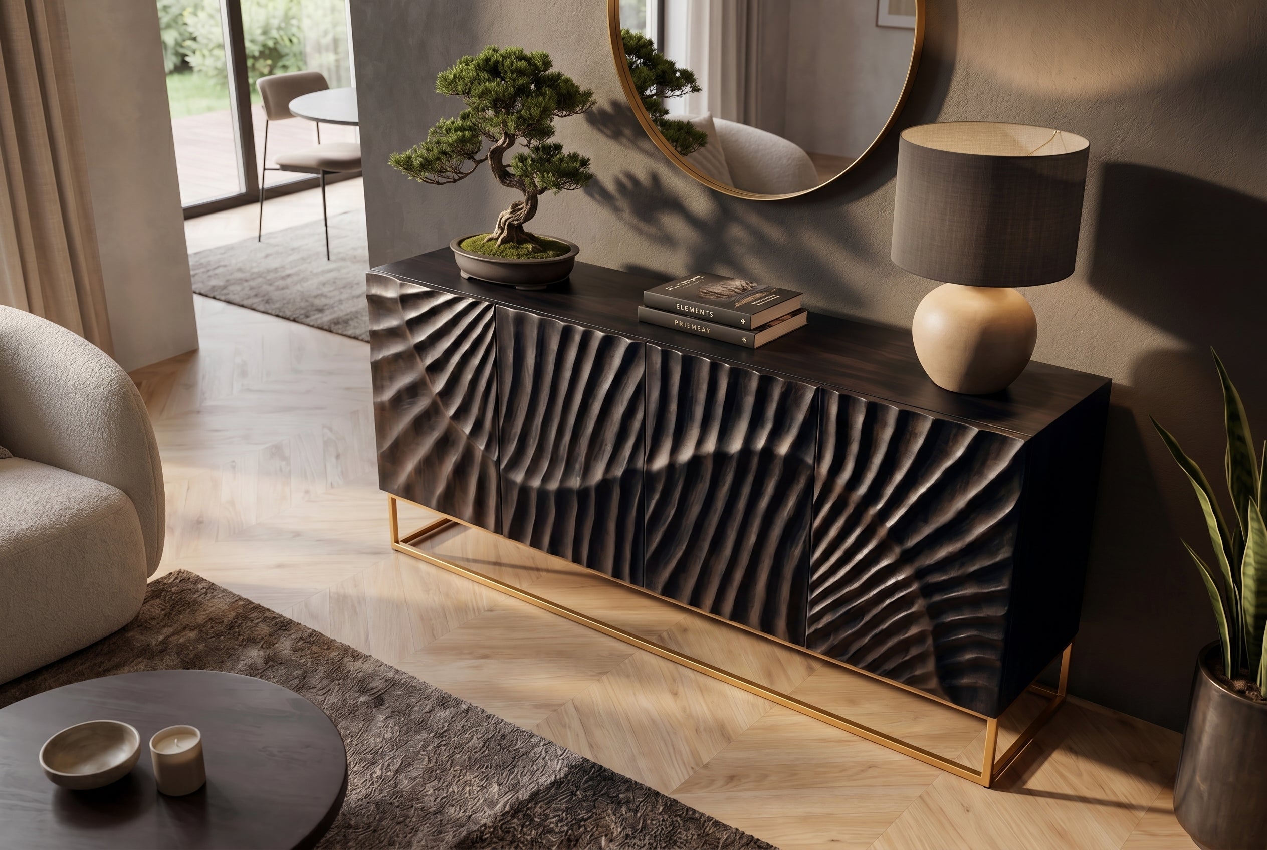 Buffet massif SCORPION 180cm en bois de manguier noir avec sculptures 3D élaborées