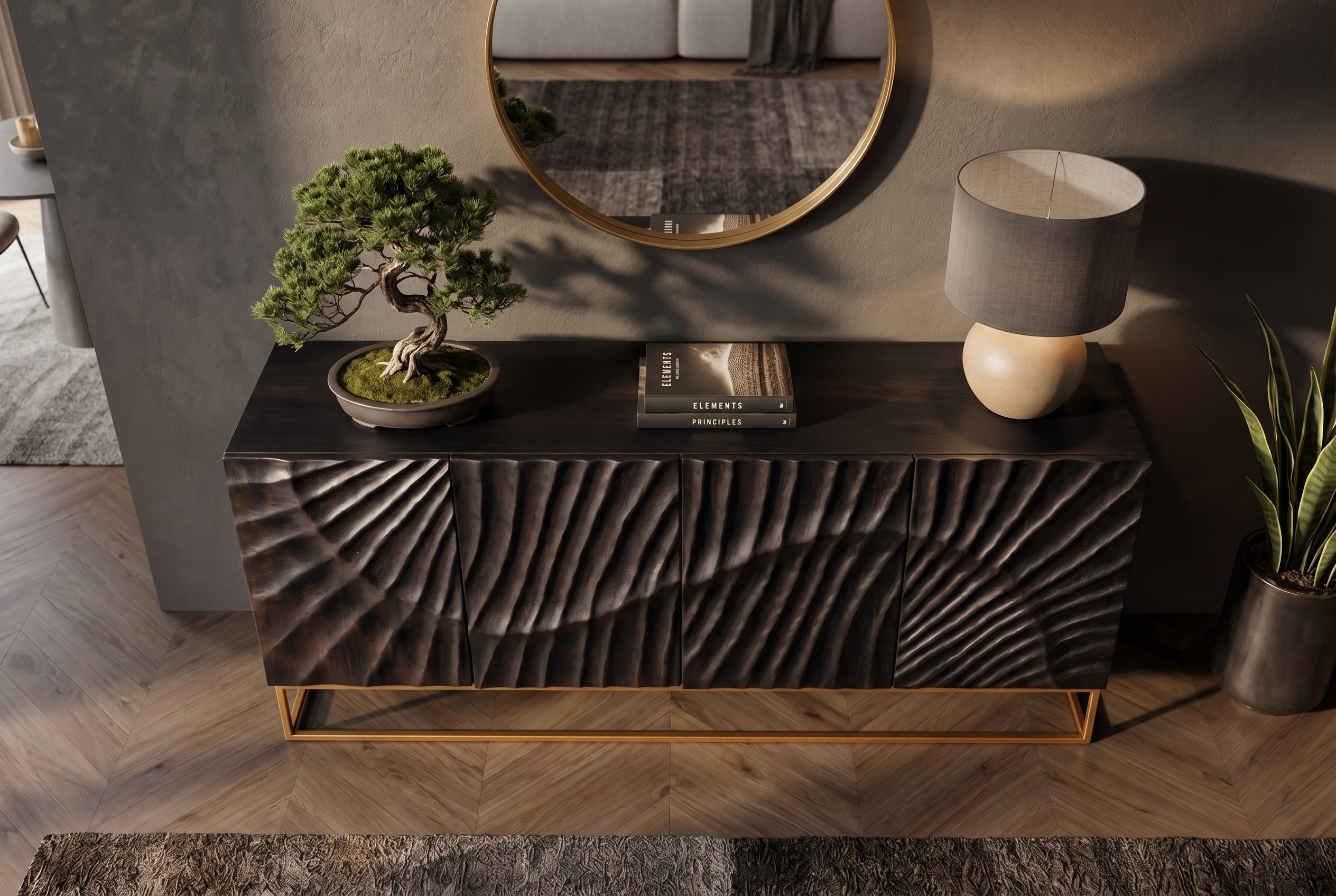 Buffet massif SCORPION 180cm en bois de manguier noir avec sculptures 3D élaborées