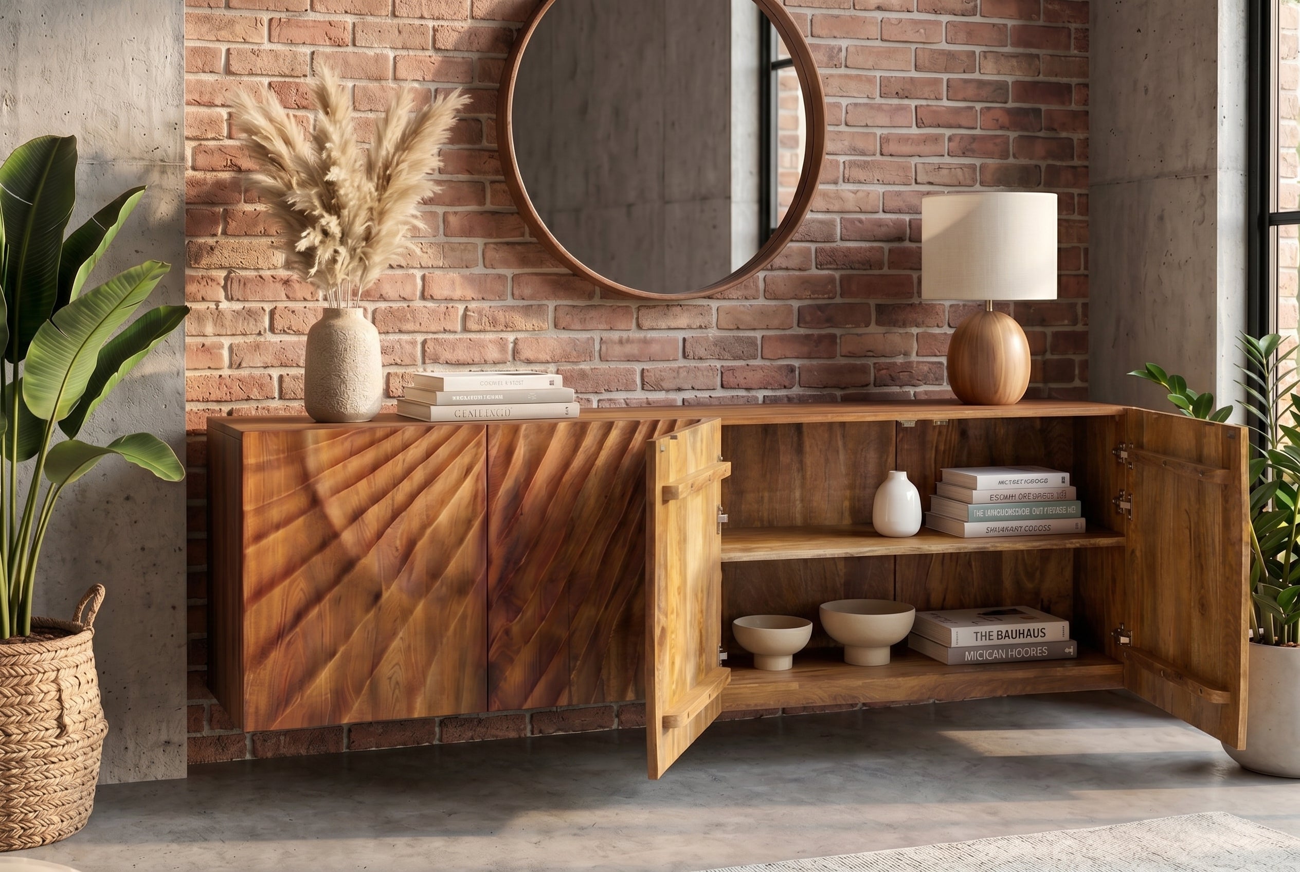 Buffet massif SCORPION 180cm marron suspendu en manguier avec sculptures 3D