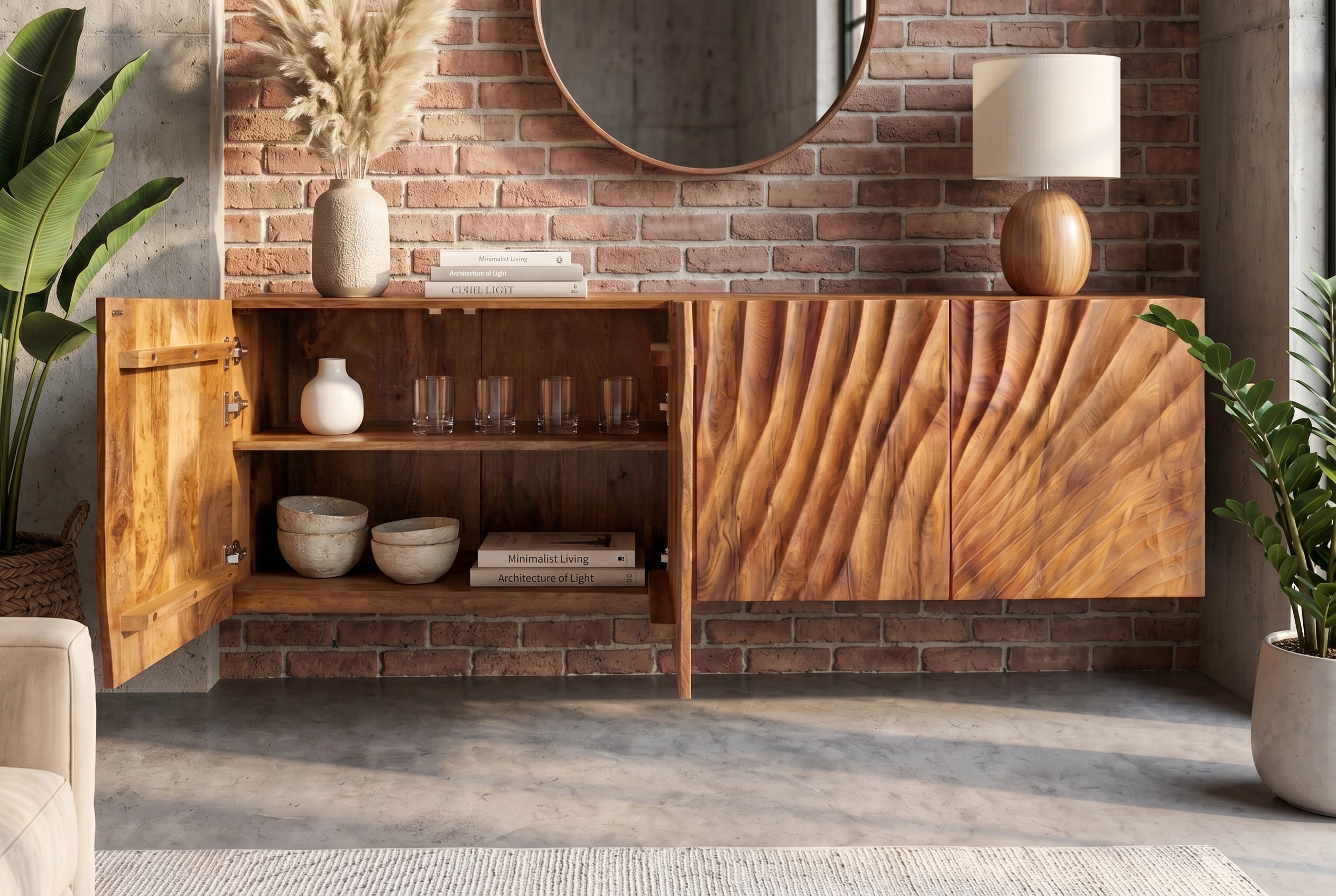 Buffet massif SCORPION 180cm marron suspendu en manguier avec sculptures 3D