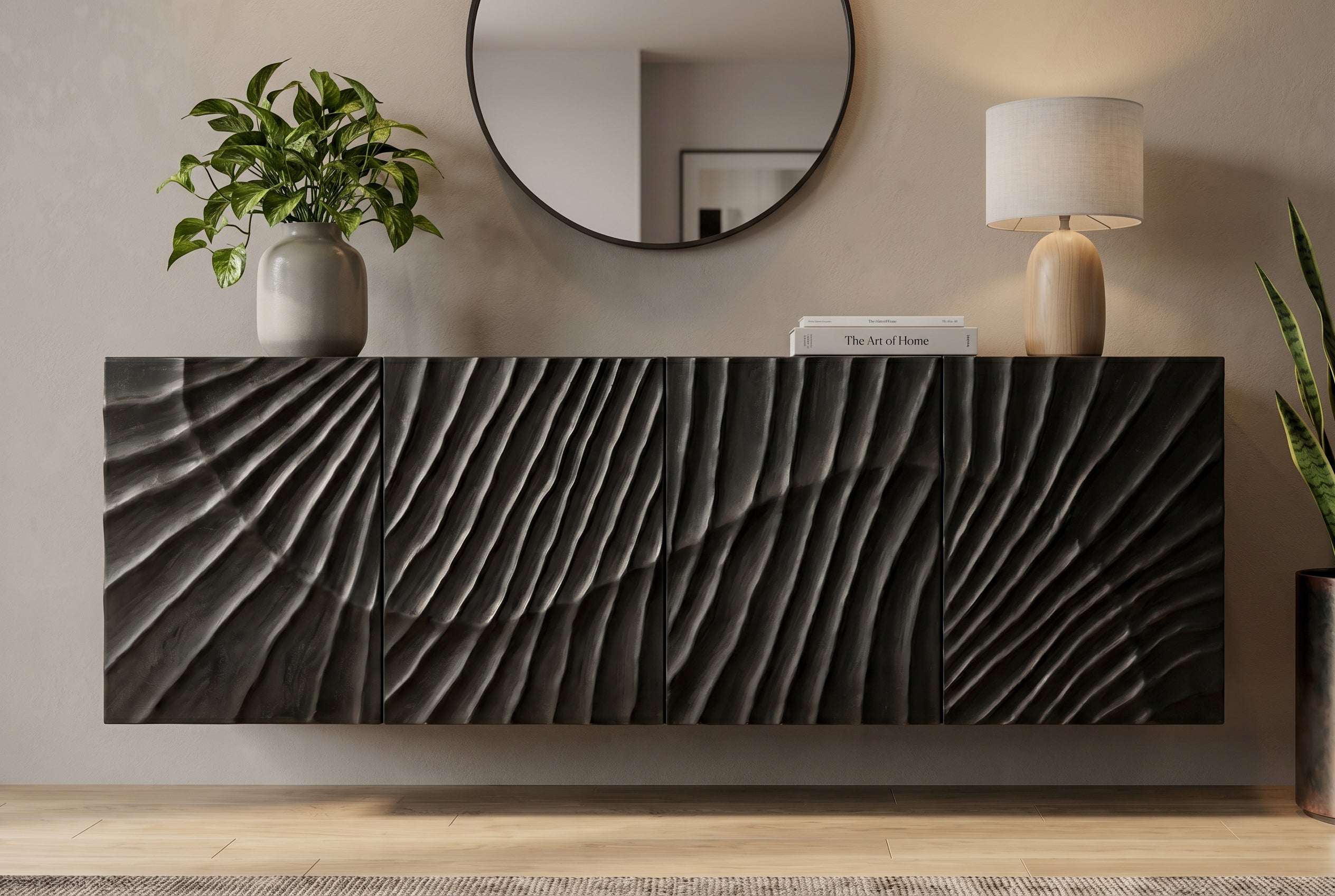 Buffet massif SCORPION 180cm noir suspendu en manguier design 3D