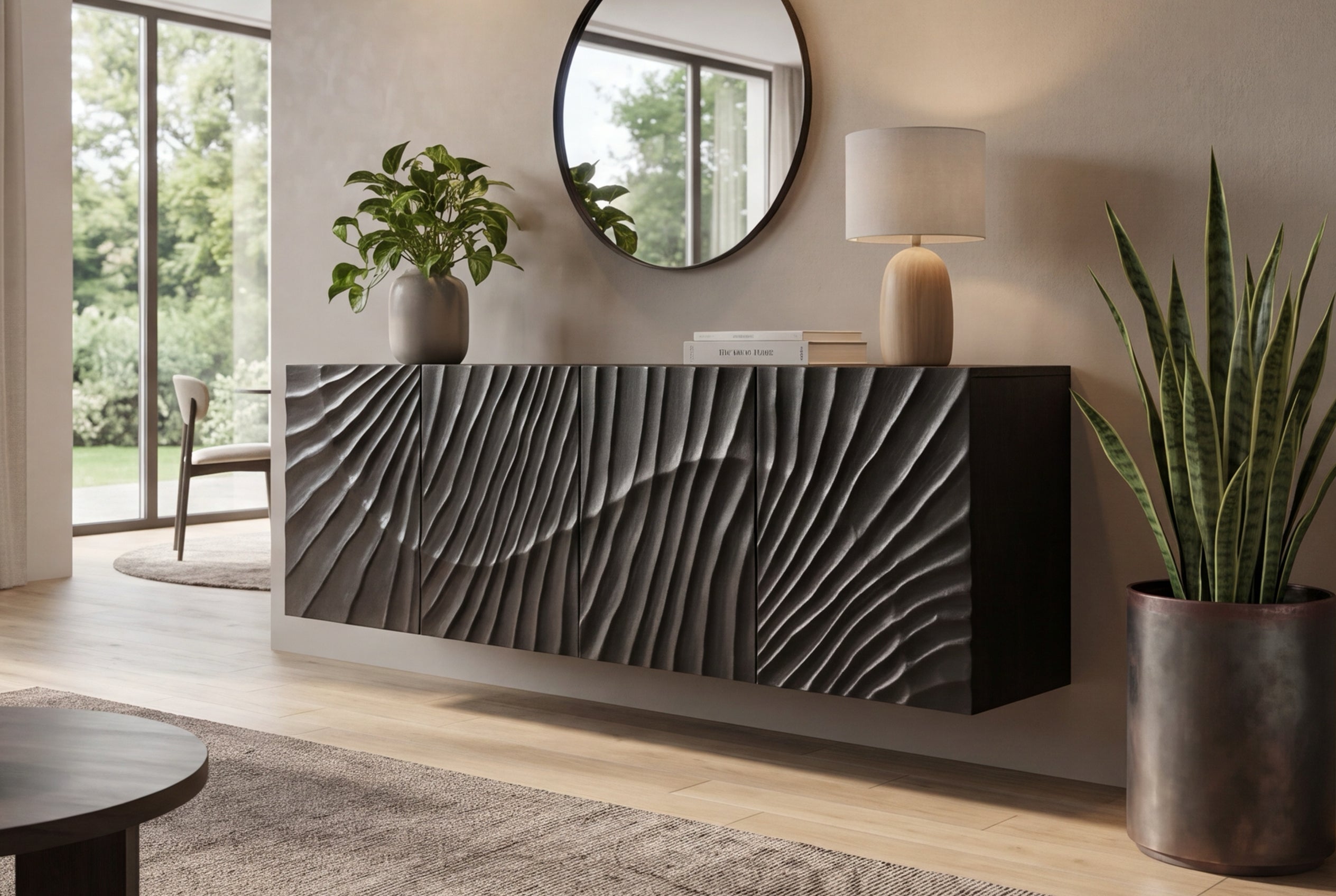 Buffet massif SCORPION 180cm noir suspendu en manguier design 3D