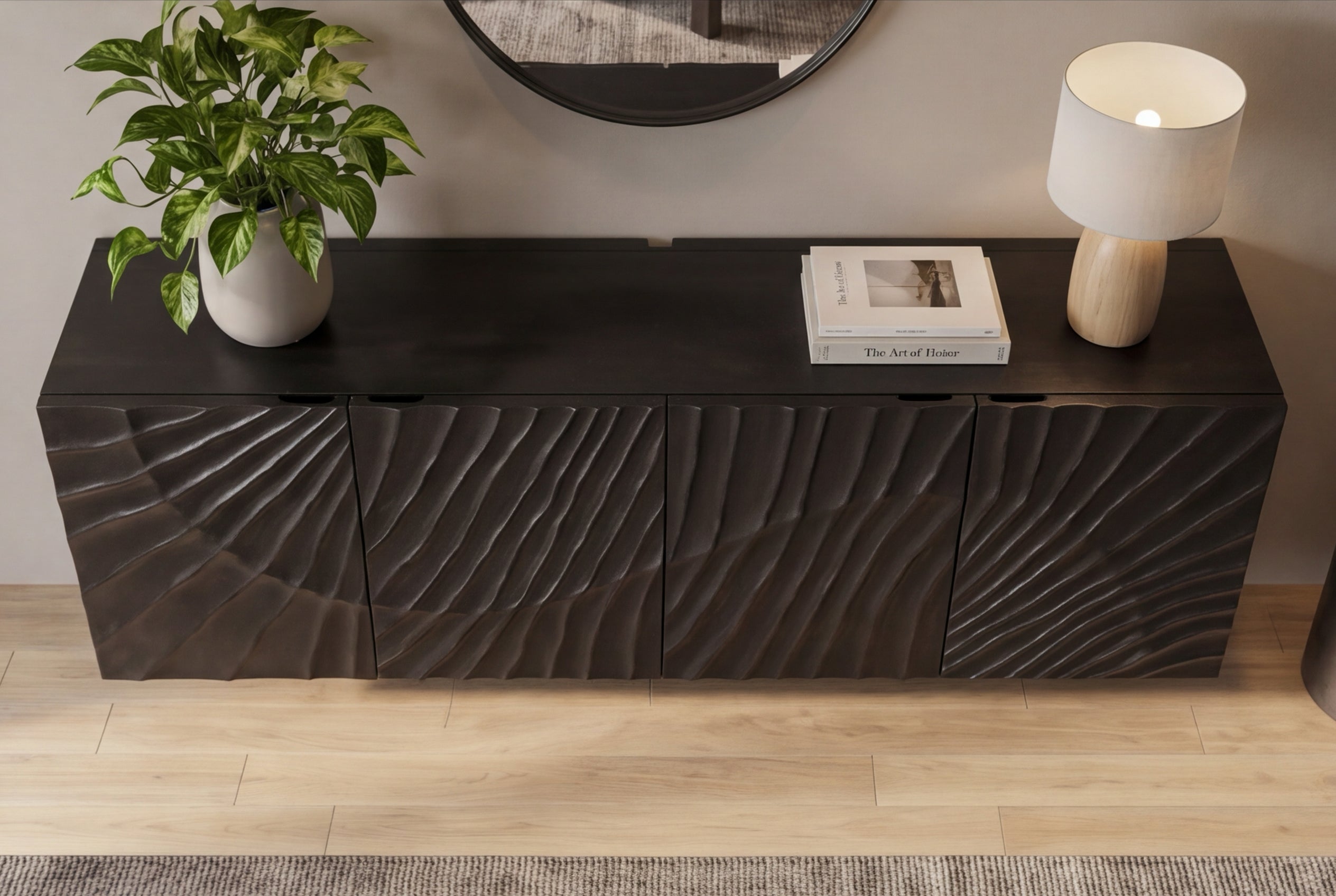 Buffet massif SCORPION 180cm noir suspendu en manguier design 3D