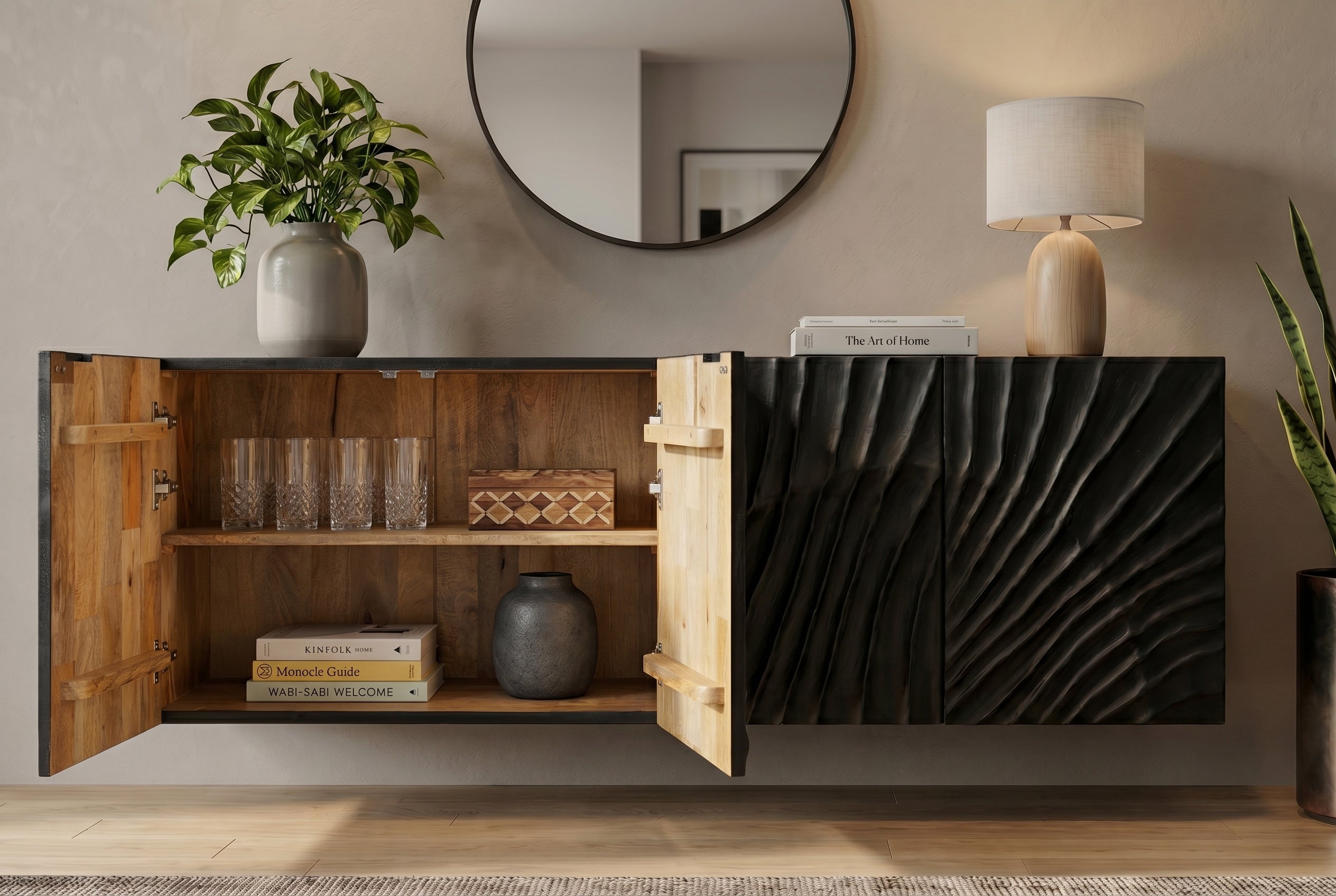 Buffet massif SCORPION 180cm noir suspendu en manguier design 3D