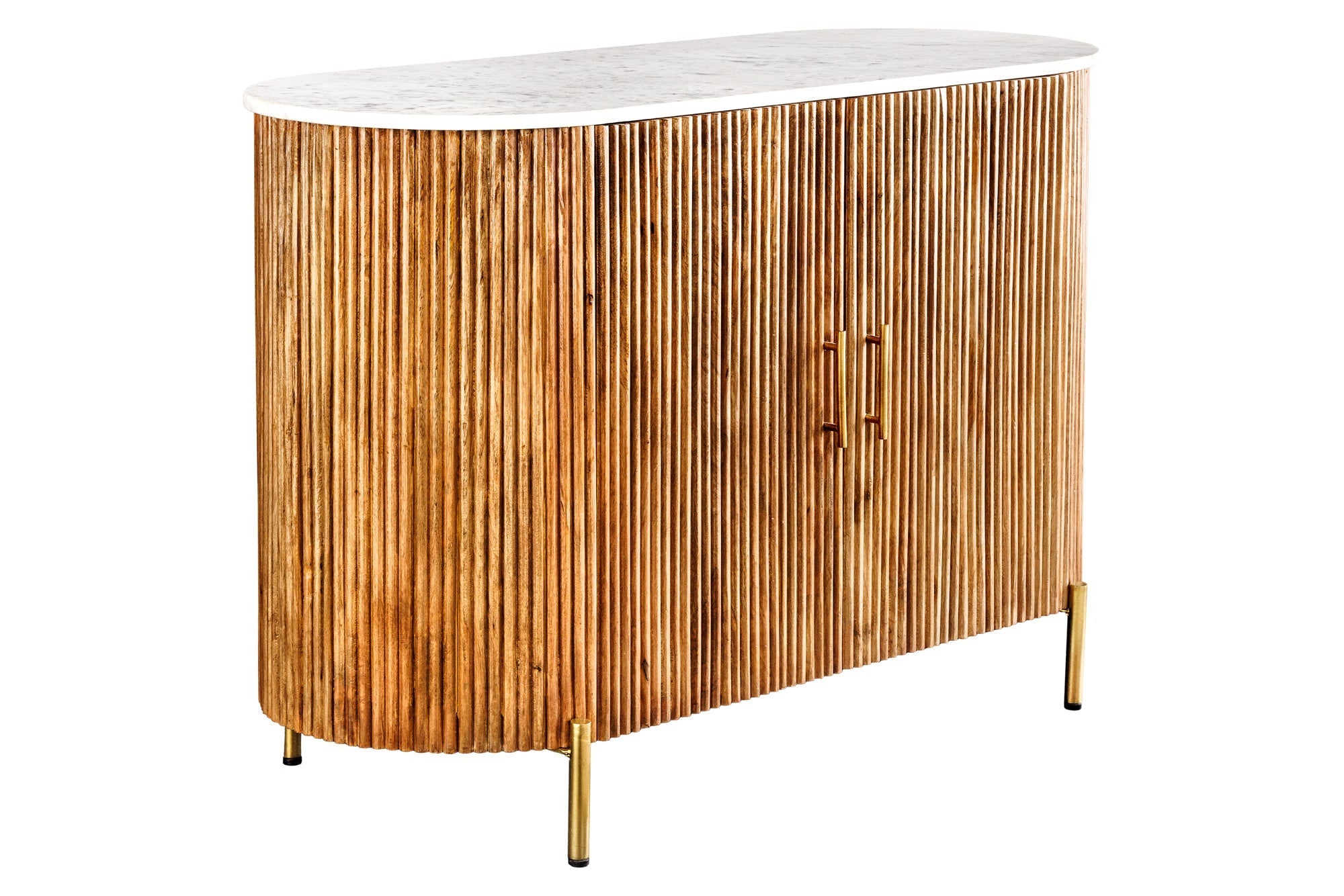 Buffet massif TRES CHIC 105cm bois de manguier naturel marbre blanc métal doré