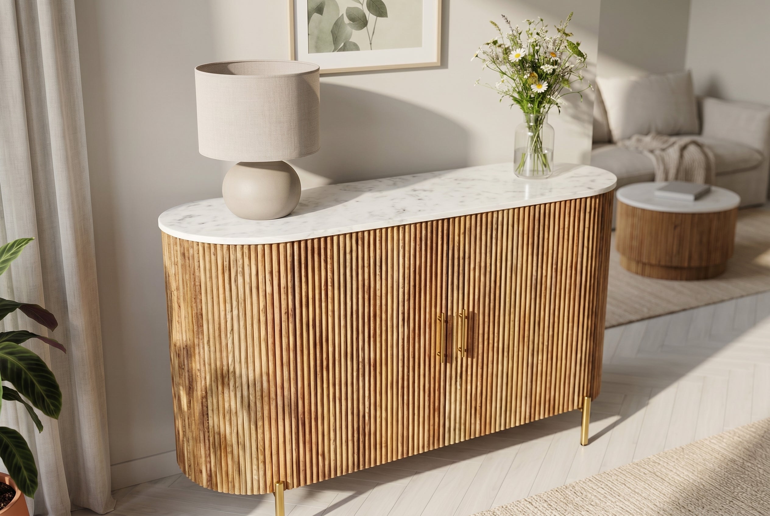 Buffet massif TRES CHIC 105cm bois de manguier naturel marbre blanc métal doré