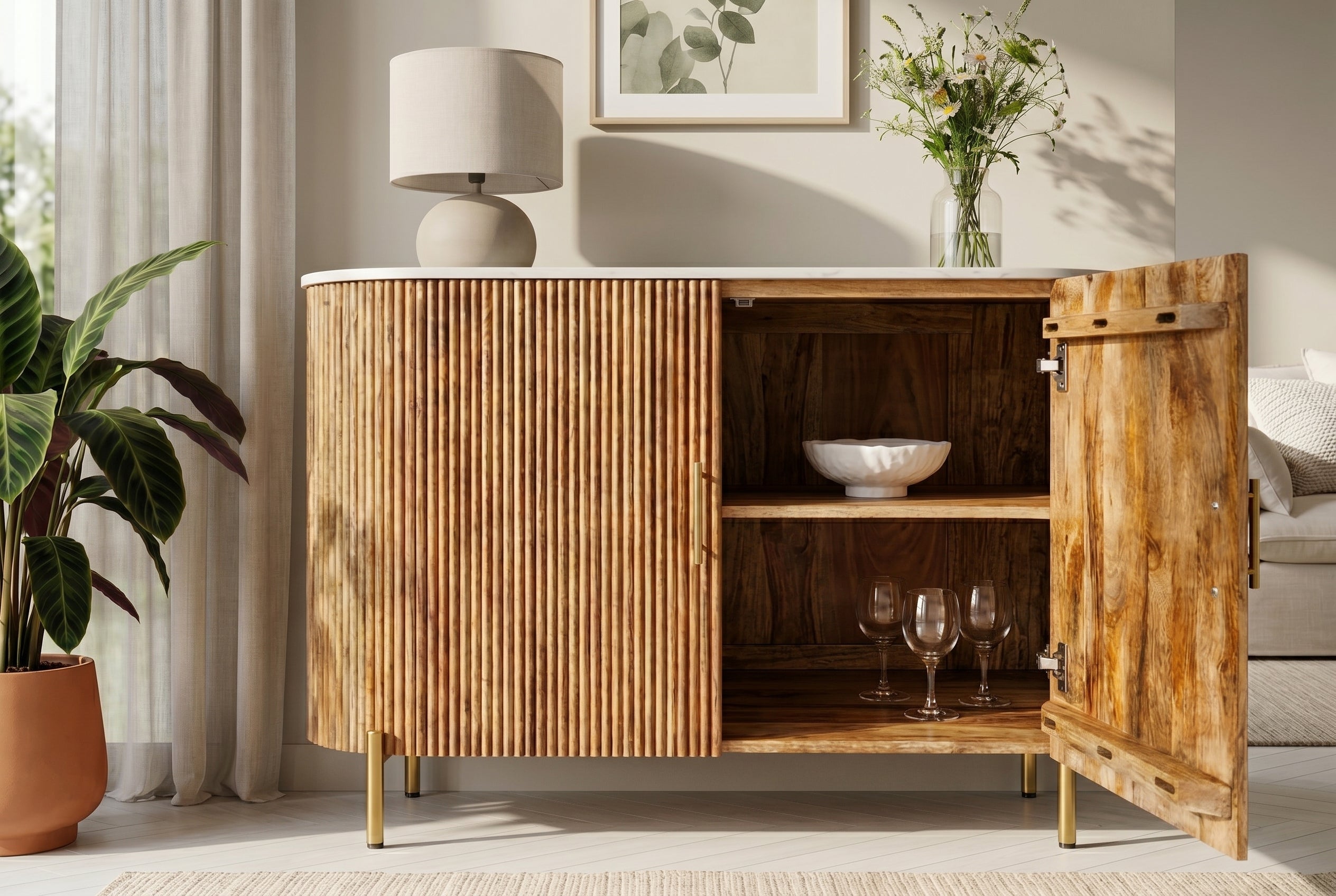 Buffet massif TRES CHIC 105cm bois de manguier naturel marbre blanc métal doré