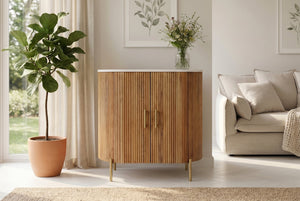 Buffet massif TRES CHIC 75cm bois de manguier naturel marbre blanc métal doré