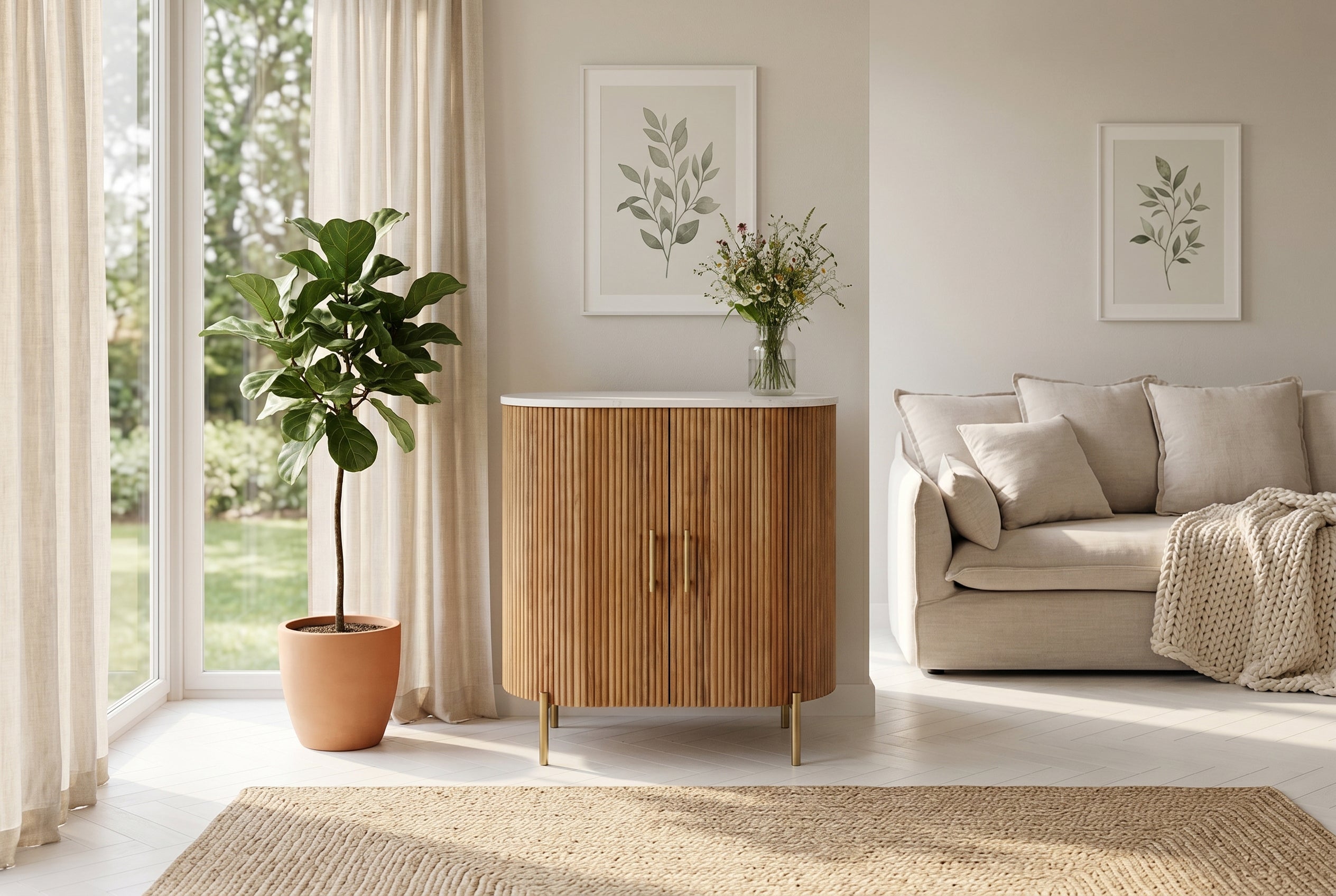 Buffet massif TRES CHIC 75cm bois de manguier naturel marbre blanc métal doré