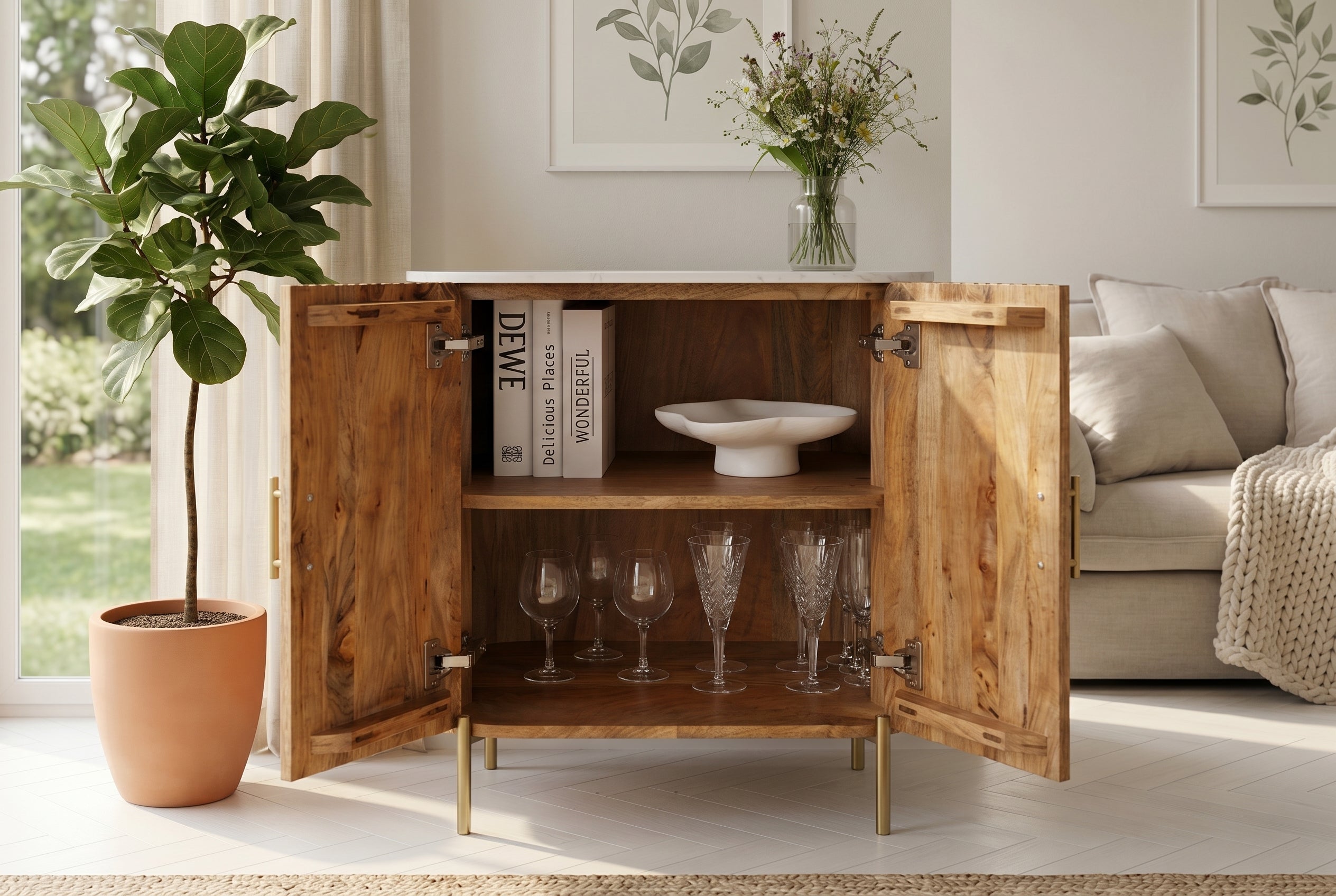 Buffet massif TRES CHIC 75cm bois de manguier naturel marbre blanc métal doré