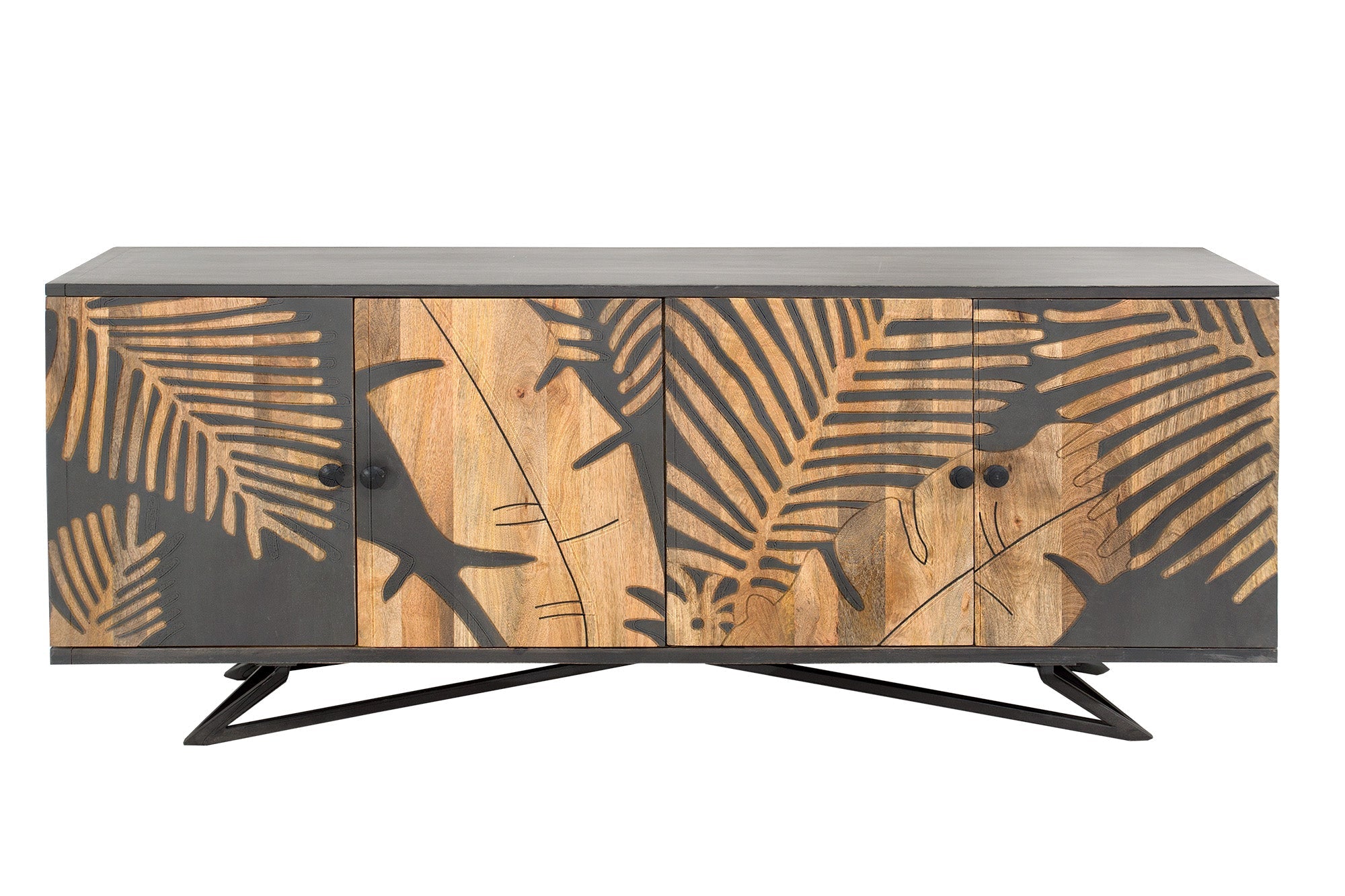Buffet massif TROPICAL 160cm bois de manguier gris design floral bohème structure métal