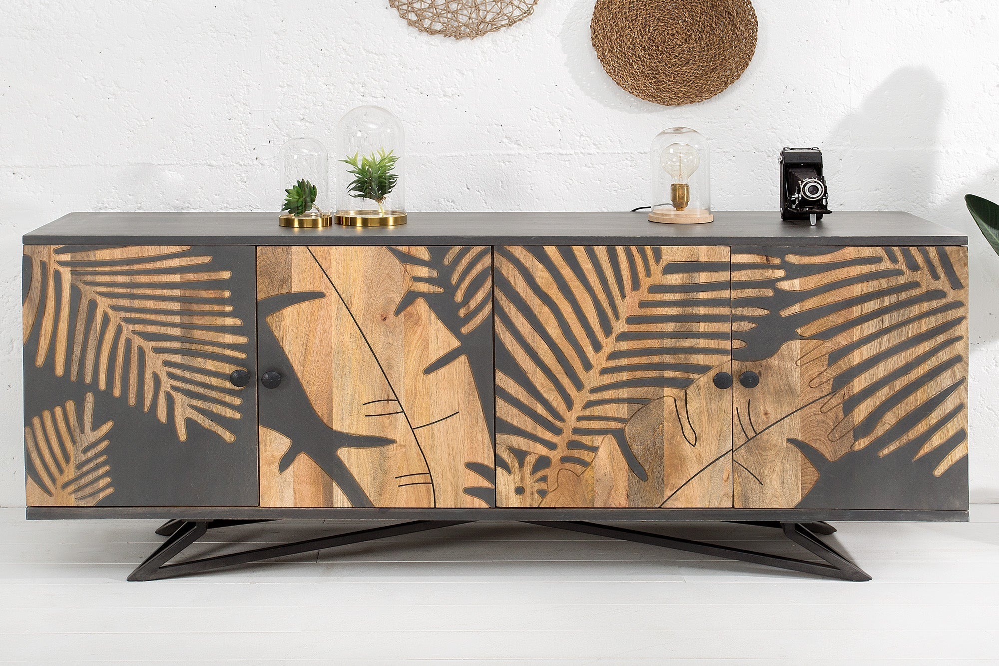 Buffet massif TROPICAL 160cm bois de manguier gris design floral bohème structure métal